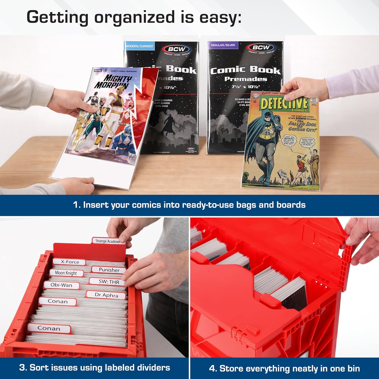 BCW Comic Book Bin Starter Kit with Short Comic Bin Dividers and Silver & Current Comic Bags and Boards, Archival Storage Box, Red