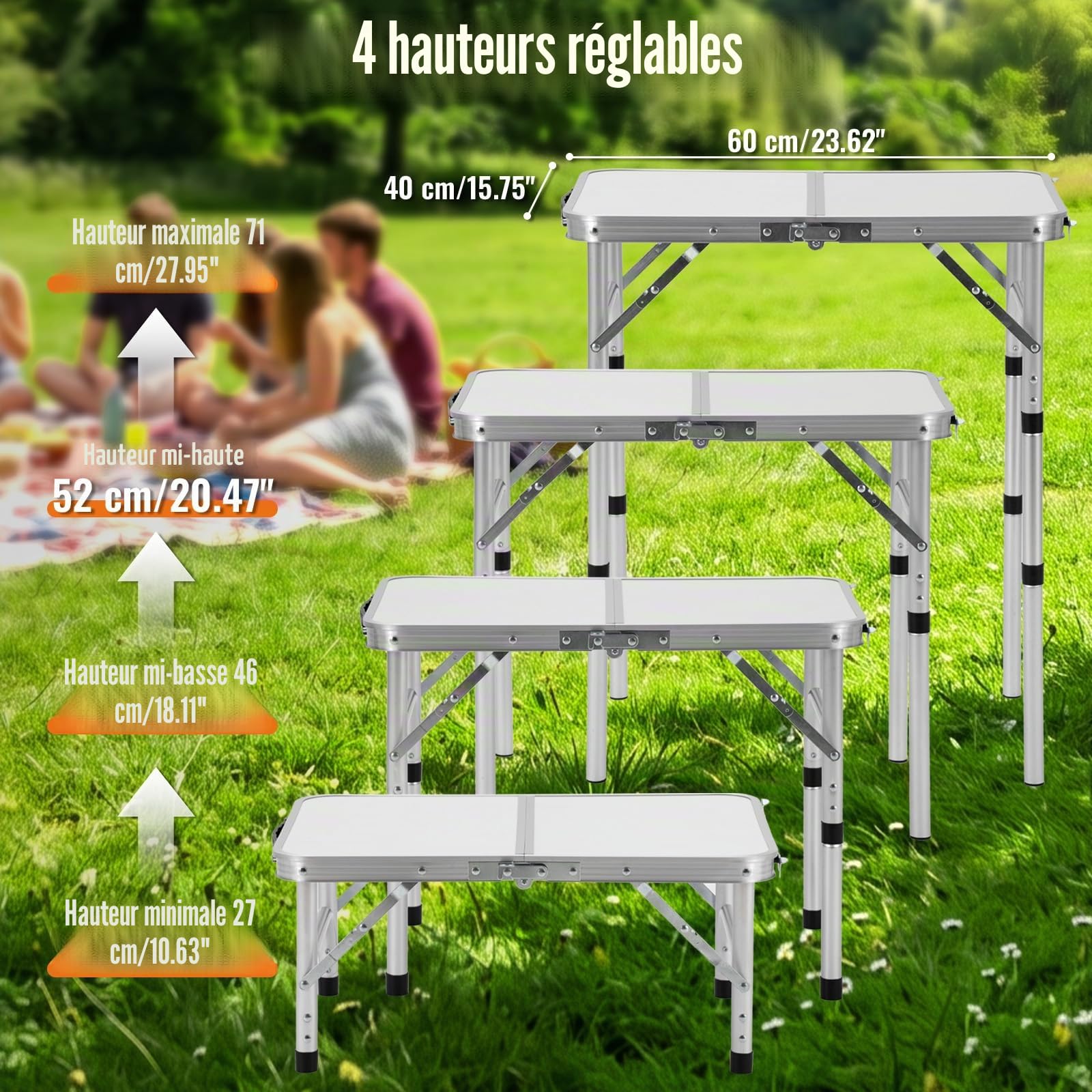 Velway Table de Camping Pliante Portable, Plateau 60×40 cm, Aluminium