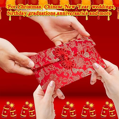 Miniatura 4 de Sobre de seda rojo chino para Año Nuevo sobres de dinero de la suerte 12 unidades papel de regalo de bolsillo Hong Bao para boda cumpleaños festival