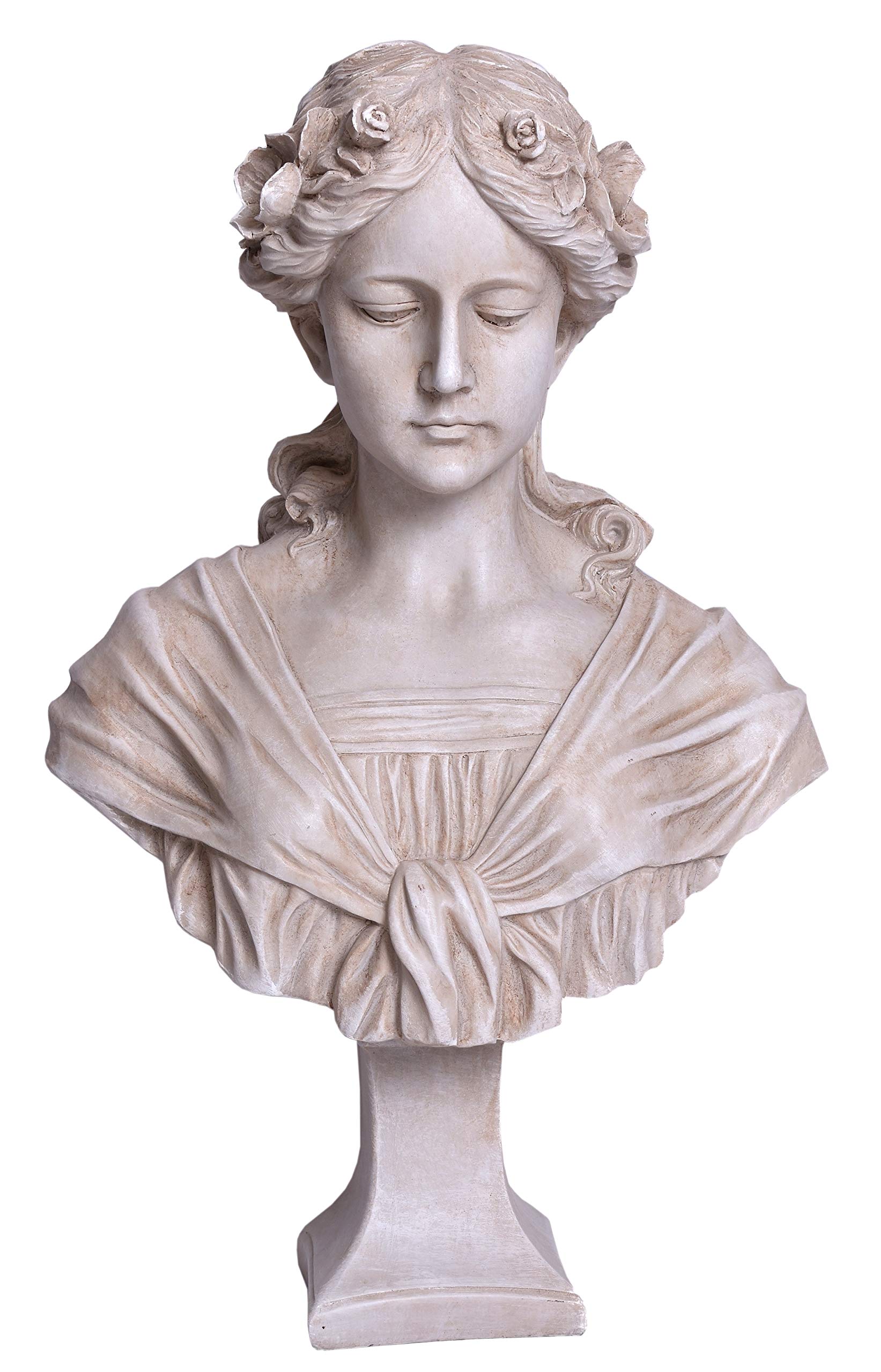 PALAZZO INT JUGENDSTIL BÜSTE „Madame Camille“ – Romantische Mädchenfigur im Shabby Chic Antik Look Polystein Skulptur 58 cm Französischer Stil Jugendstil Statue Deko für Haus Wintergarten & Garten