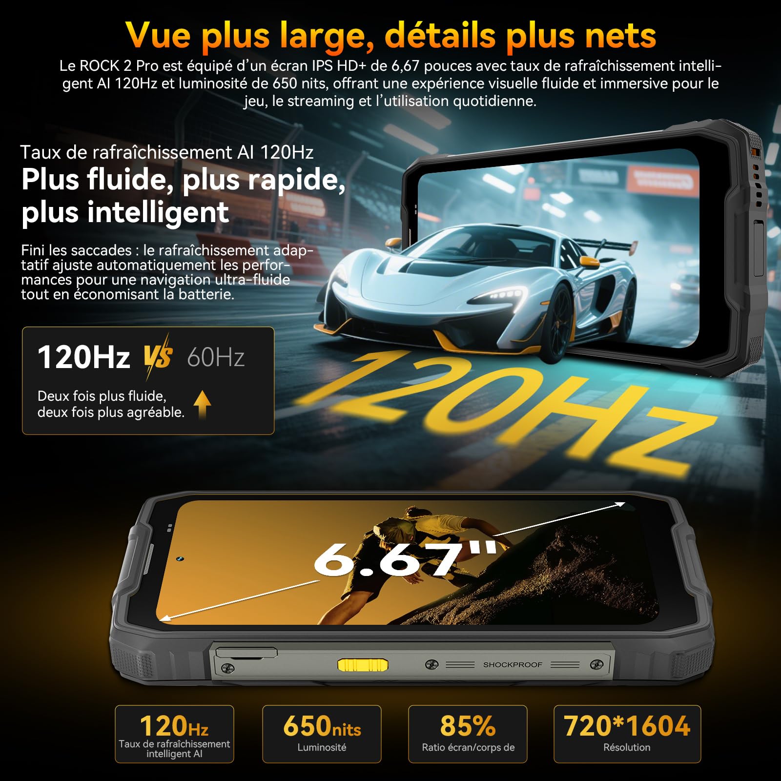 Blackview Rock 2 Pro Téléphone Incassable, Android 16 Smartphone Incassable 5G 32GB+256GB, 6.67" HD+ Display 120Hz 15000mAh IP69K, 16MP+13MP AI Kamera, NFC/OTG/GPS/Gemini AI/Glove Mode 2.0