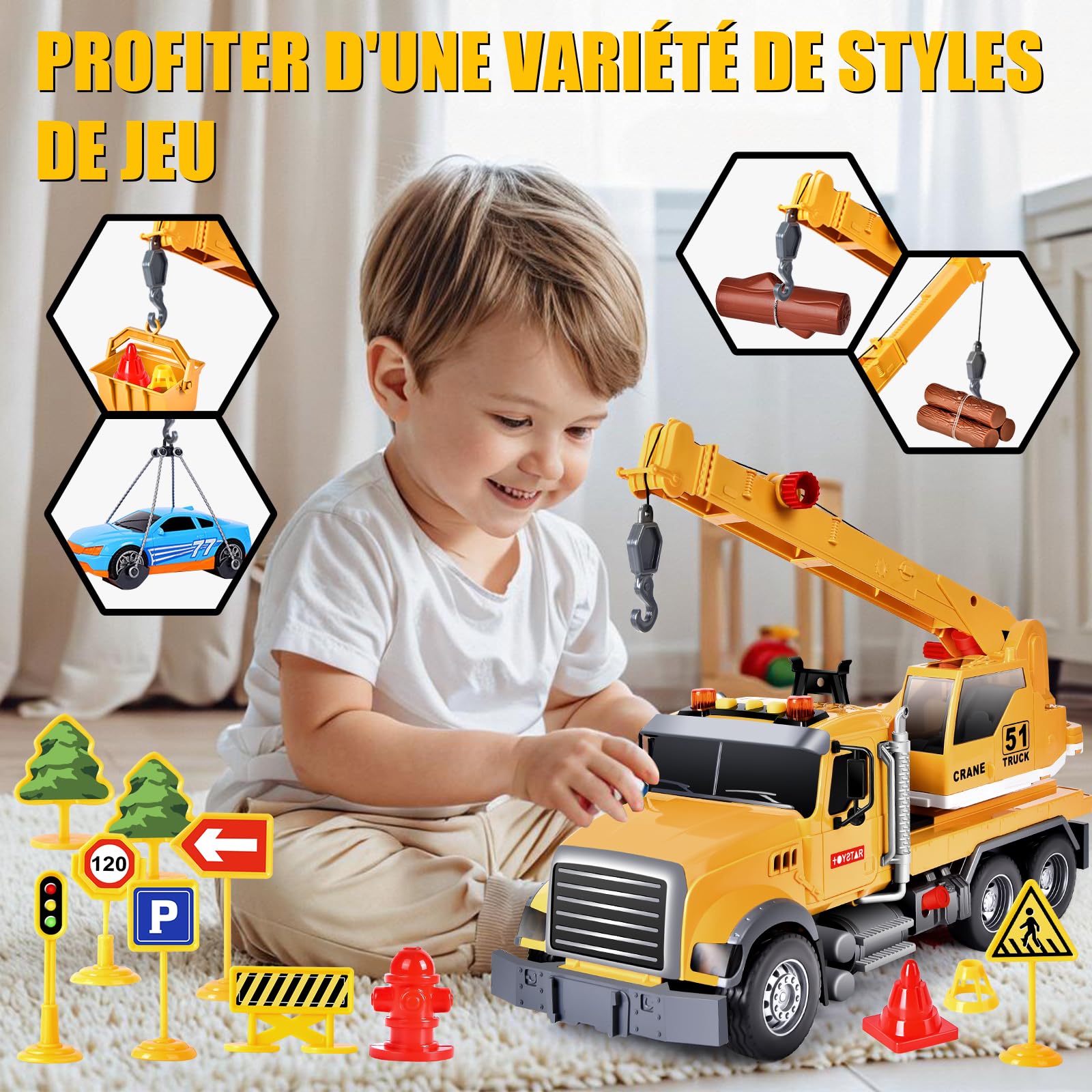 Aragallant Camion Grue Jouet Enfant, Grue de Chantier avec Son, Véhicule Chantier Jouet Garçons, Cadeaux pour Enfants de 5 à 7 Ans