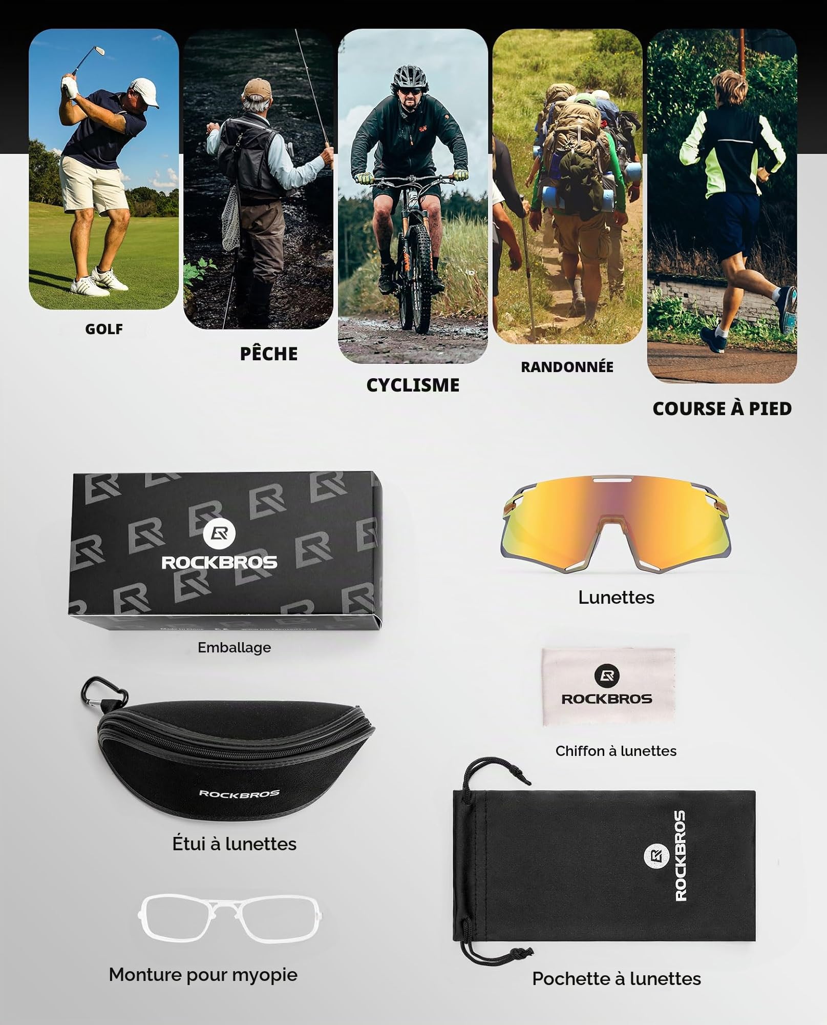 ROCKBROS Lunettes de Cyclisme Homme Femme Lunettes de Soleil TR90 Cadre Mémoire Léger Coupe-Vent Lentille Incurvée Haute Définition Protection VTT Vélo Route Pêche Course