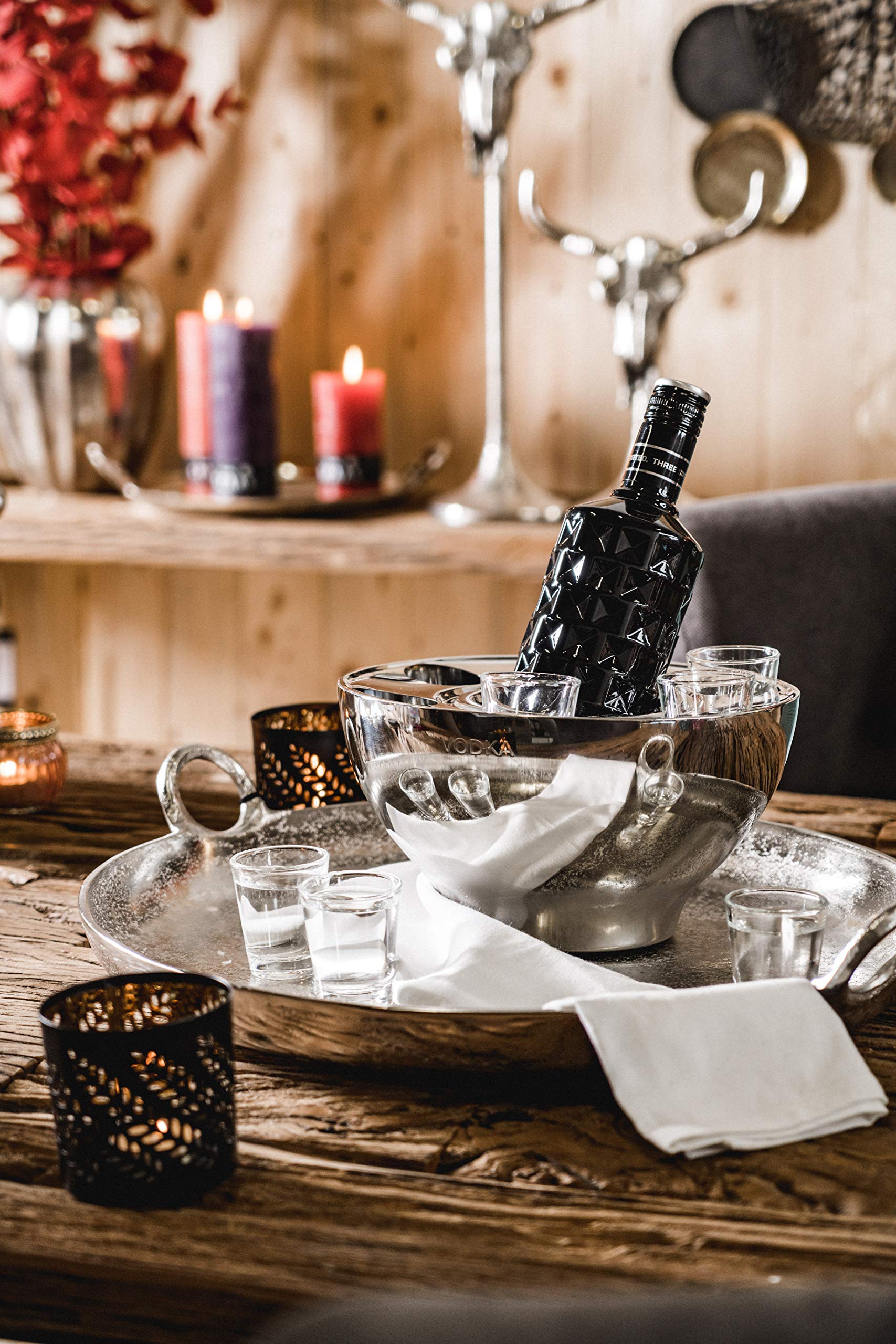 Wodkakühler Wodka Spirituosen Kühler "VODKA" Edelstahl + 6 Shotgläsern Silber, Flaschenkühler Getränkekühler, Party Geschenk 25x25x14 cm