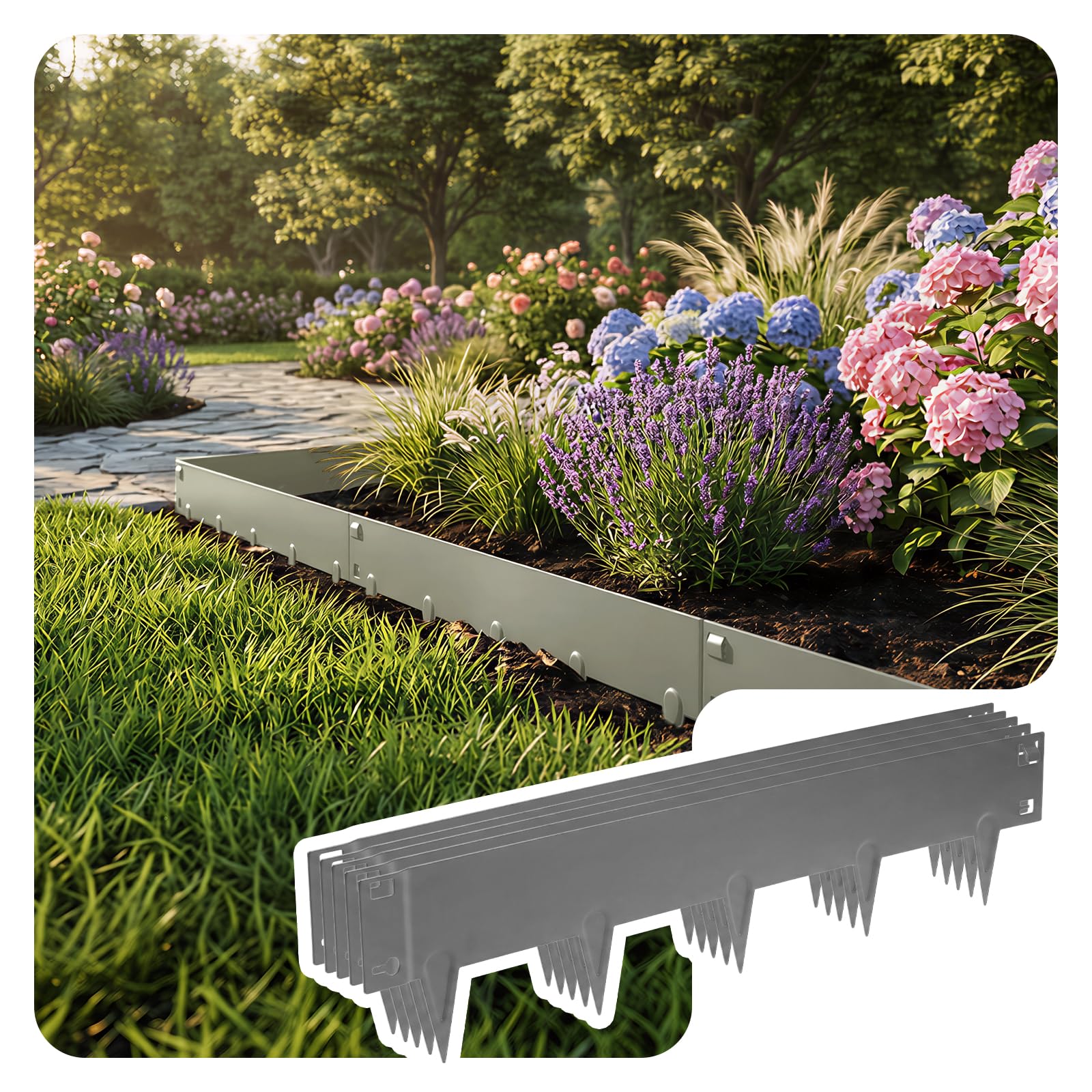 VOUNOT® 5M Galvanised Steel Garden Edging, Flexible Metal Lawn Border, Heavy Duty 1.5mm Thick, 106x18cm Panels, 5 Pack, Grey