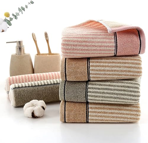 Miniatura 6 de Pidada Juego de 4 toallas de mano 100% algodón con patrón de rayas absorbentes suaves toallas decorativas para baño (marrón)
