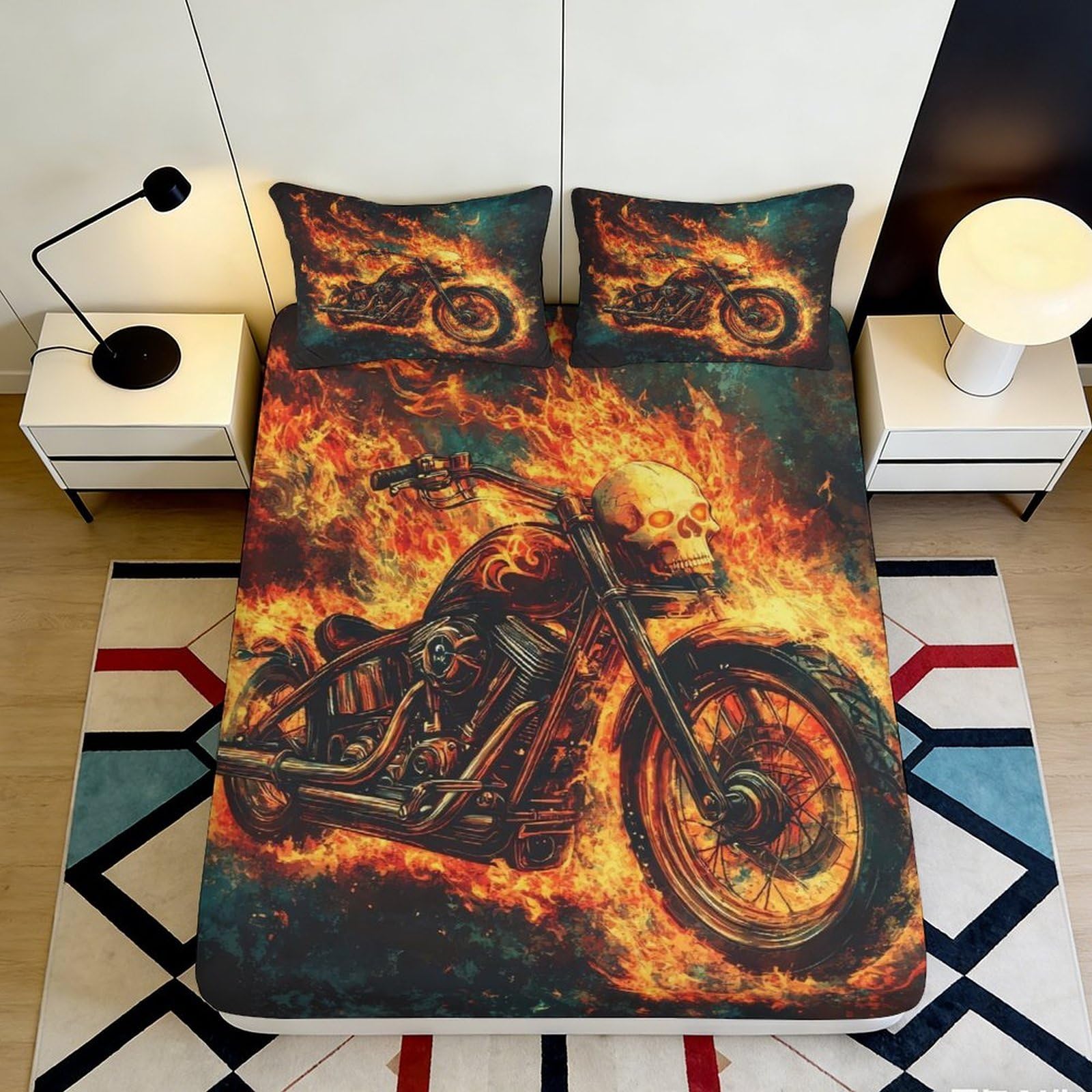 3D Printed Flaming Motorcycle Fitted Sheet Microfiber Soft Skull Art Bed Cover for Bedroom Dorm Mattress Decor 160x200x25cm