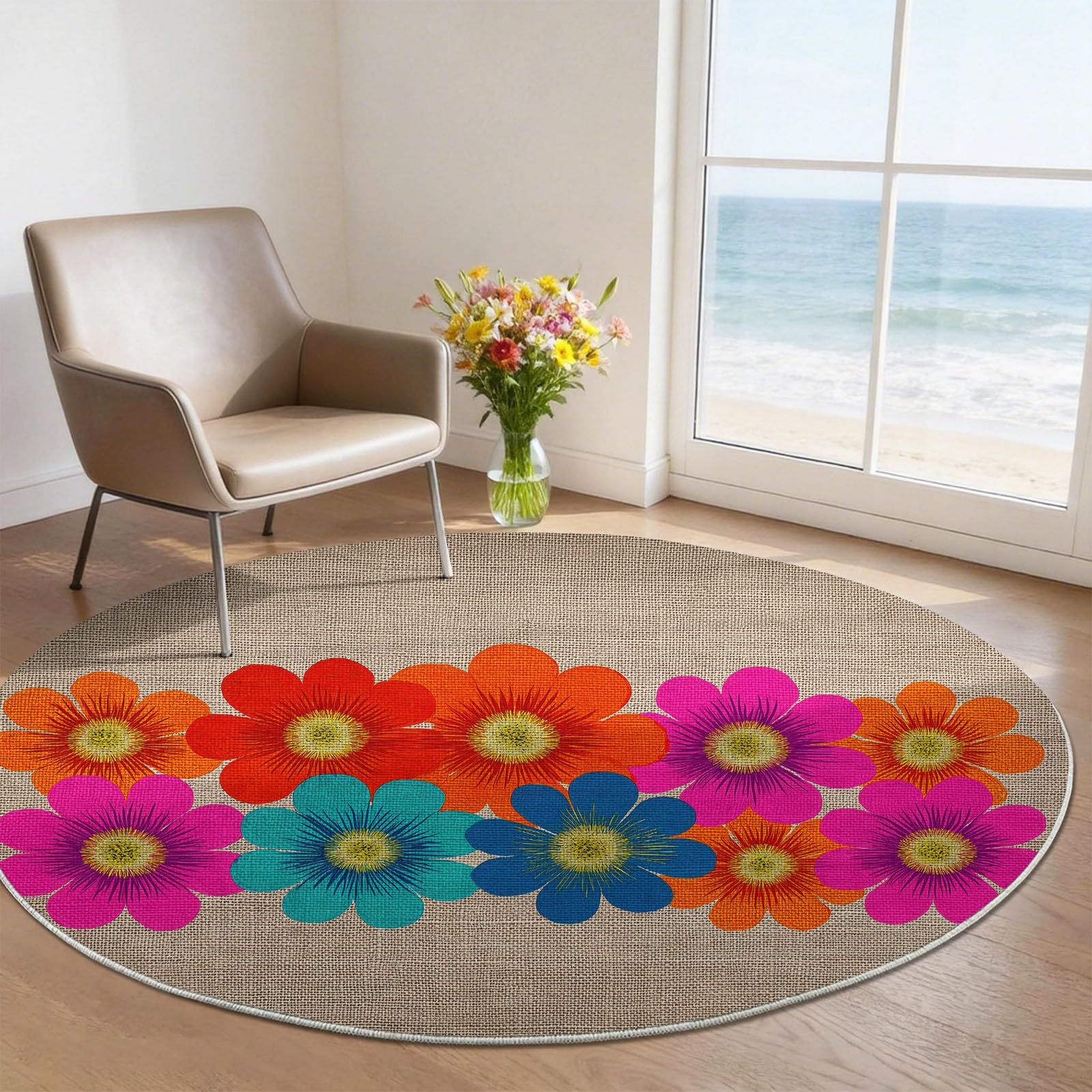120 cm okrągły dywan do salonu z krótkim włosiem, styl boho, styl retro z lat 70. XX wieku, miękka i wygodna, wielokolorowa, zmywalna i antypoślizgowa, do salonu sypialni