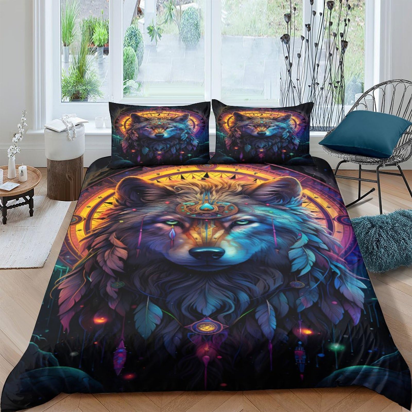 Ctjqhvkz Style-7 3D Printed Wolf Dreamcatcher Fitted Sheet Microfiber Soft Bed Cover For Bedroom Dorm Mattress Protection Decor Single（135X200cm）