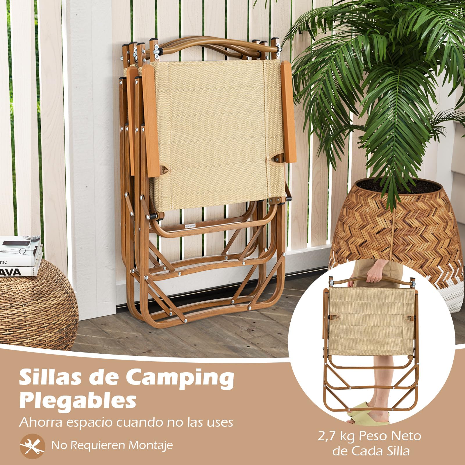 COSTWAY 2 Sillas Plegables Camping, Estructura de Aluminio, Tela Texiliene, Silla Pórtatil con Reposabrazos Playa Piscina Jardin Terraza Exteriores y Interiores, 64 x 53 x 77 cm, Carga 180kg