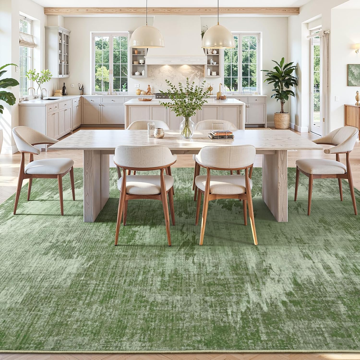 4x6 Area Rugs for Living Room, Washable Abstract Soft Bedroom Rug Non-Slip Low Pile Stain Resistant Indoor, Large Thin Modern Throw Carpet for Kitchen Farmhouse Nursery Office Home Decor, Green