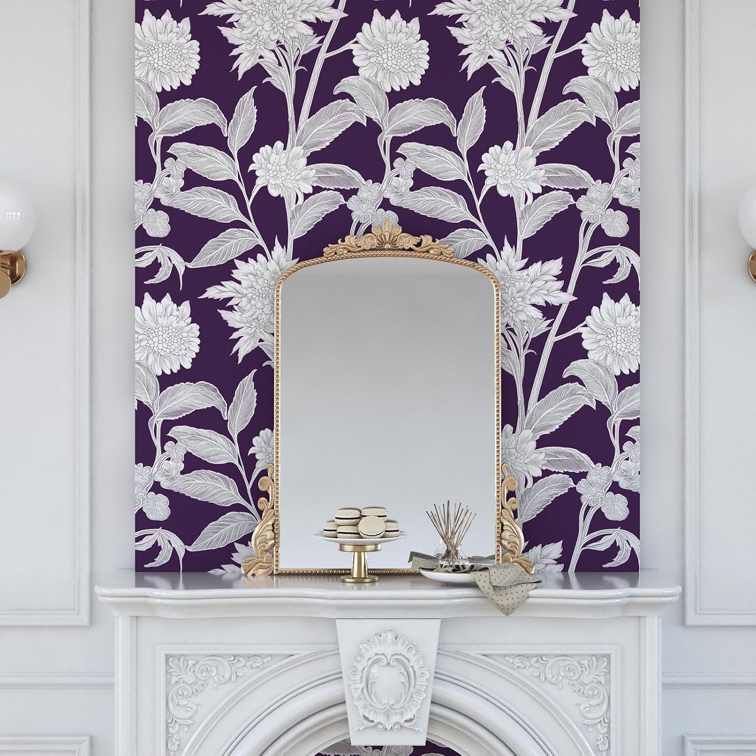 Sketch Floral Peel and Stick Wallpaper, Vintage Line Drawing Dark Purple Flower Wallpaper, Whimsical Self Adhesive Contact Paper for Bathroom Bedroom Door Shelf Purple White 7.5In x 118In