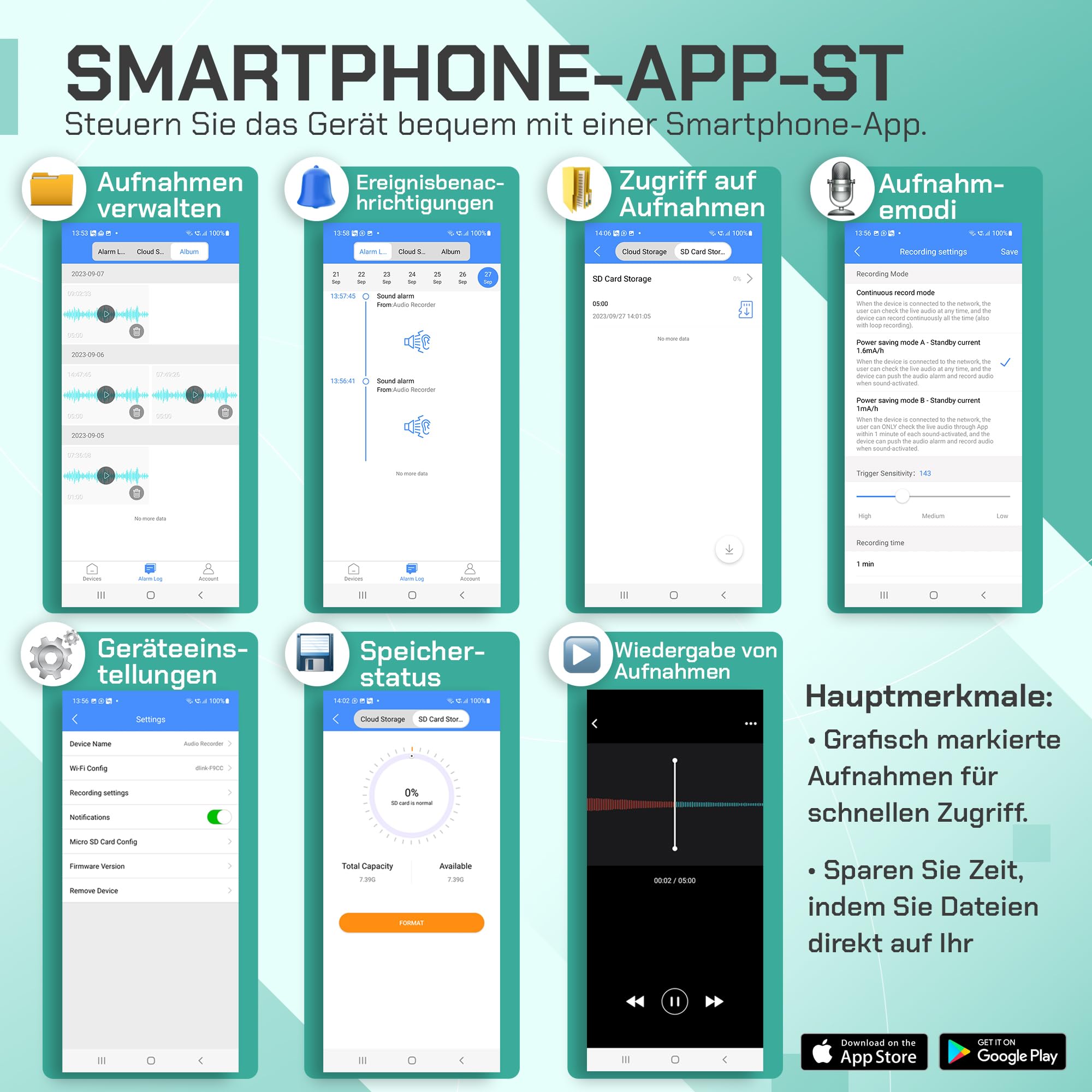 Professioneller digitaler Diktiergerät, aktiviert über Internet-WLAN, FlyRec, unbegrenzte Entfernungssteuerung für Unterricht und Memos – Audio-Recorder mit intelligenter App