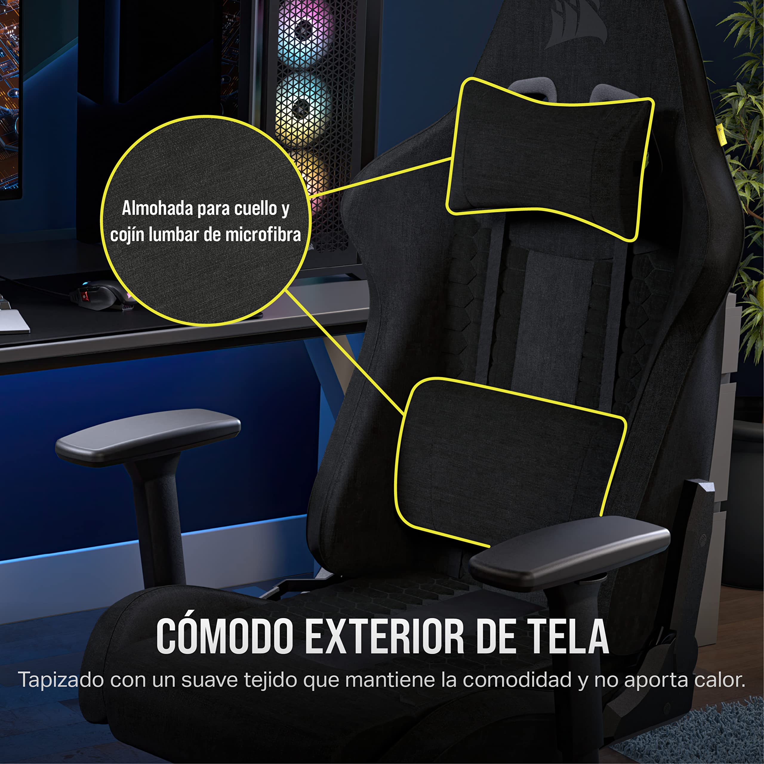Corsair TC100 Relaxed Silla para Juegos - Negro | Fabric, Diseño Inspirado en Las Carreras, Cojín lumbar, Almohada Cervical Extraíble de Espuma Viscoelástica