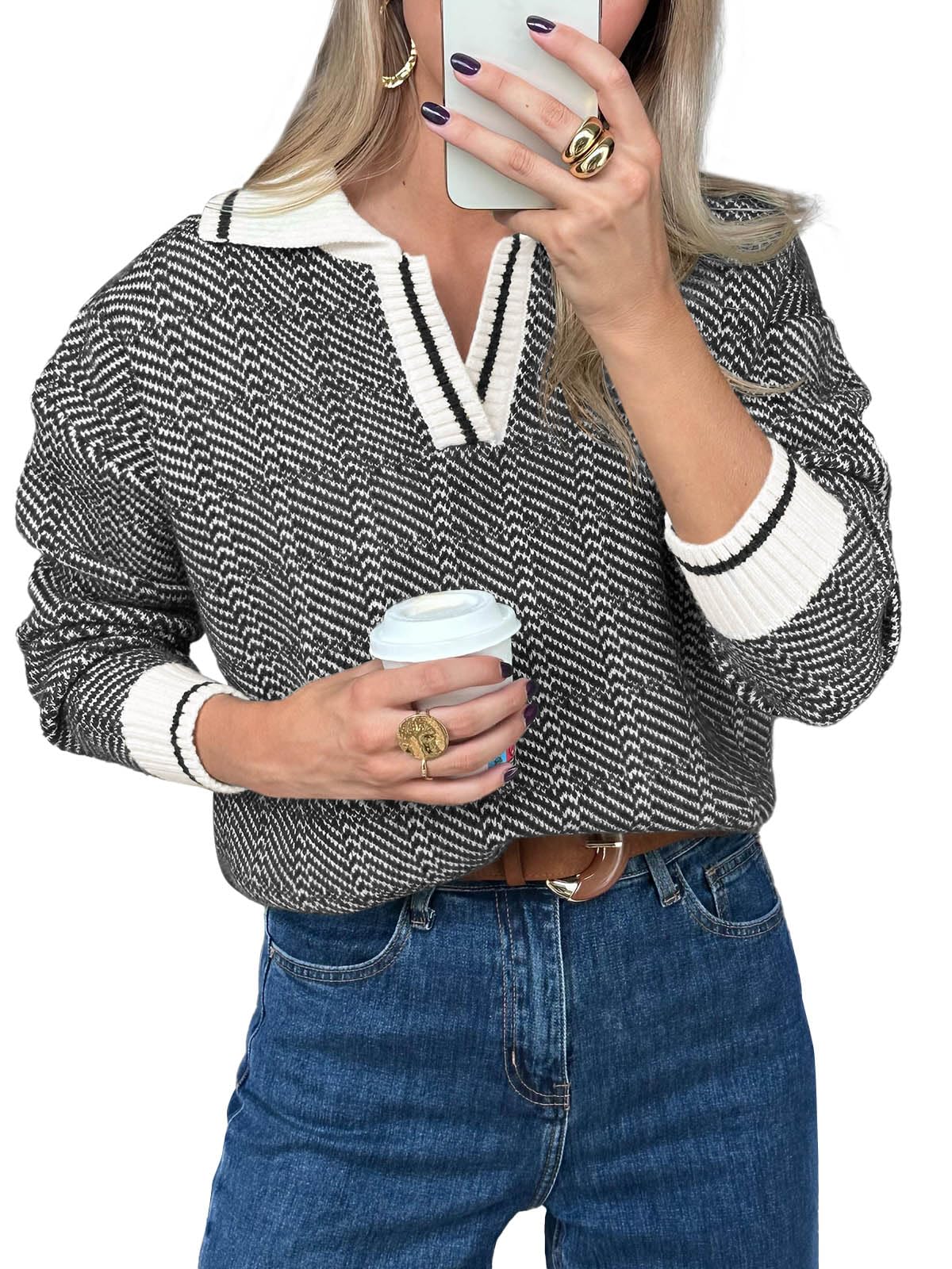 Saodimallsu Womens Fall Sweaters Tops Lapel V Neck Knit Sweater Color Block Long Sleeve Casual Soft Pullover Shirt