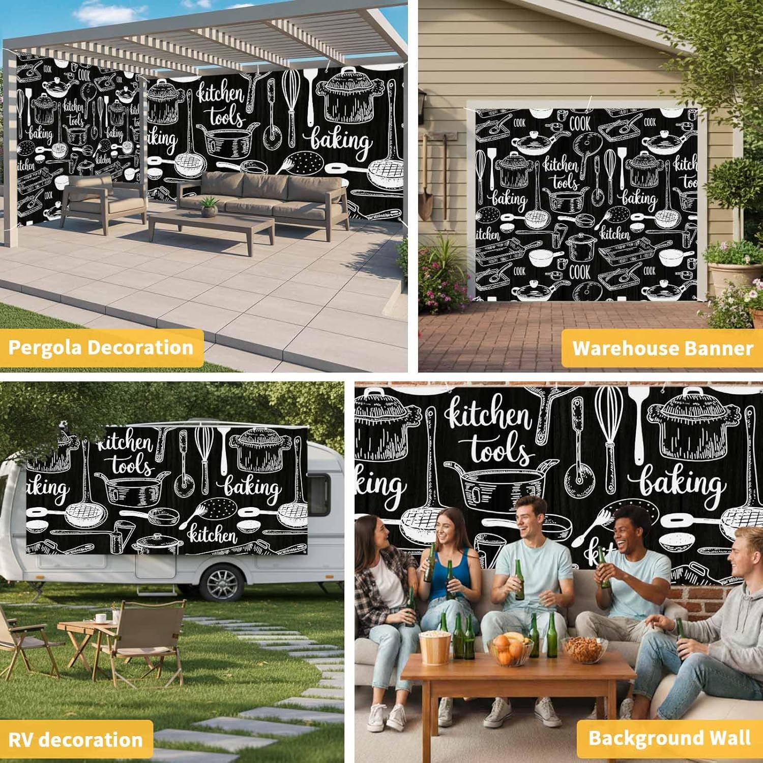 Garage Door Banner Farmhouse Cooking Tools on Black Garage Door Decorations 6x13ft, Abstract Graffiti Art Hanging Backdrop Wall Decoration for Outdoor Party Holiday Birthday Yard