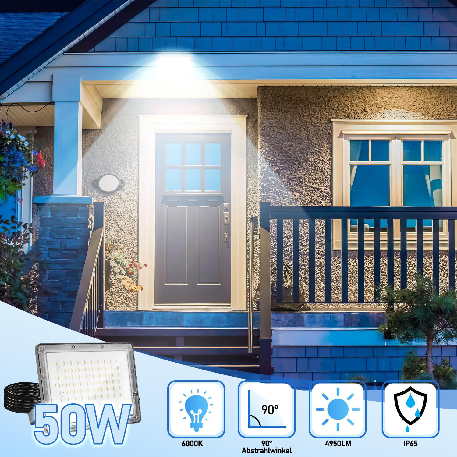 LED Strahler Außen 50W,10 Stück LED Fluter 6000K Kaltweiß 4950LM Led Scheinwerfer, IP65 Wasserfest Aussenstrahler für Hell Garten Hof Türen Rasen Garage [Energieklasse E]