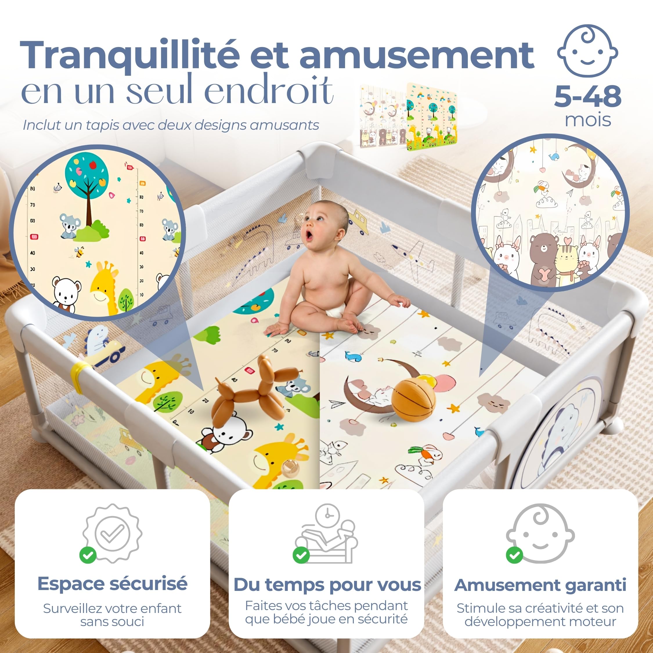 PARVULI Parc Bebe 120x120 cm - Enclos pour Bébé avec 6 Poignées et Tapis de Jeu Rembourré - Parc pour Bebe Pliable pour la Maison avec Maille Respirante et Barrières Protégées