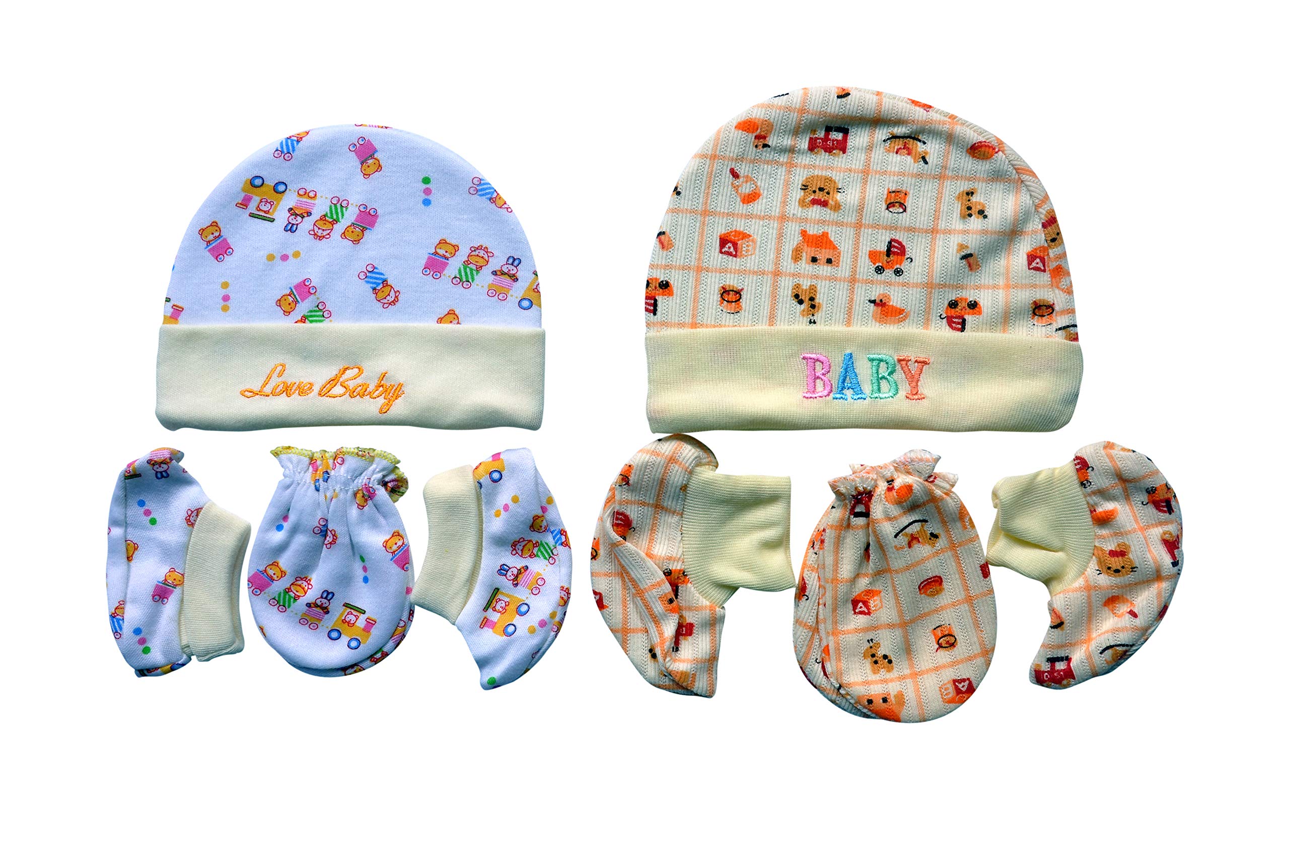Kezle™ Baby Cotton Caps Booties Mittens Combo Set, 0-6 Months (Multicolour) - Pack of 2 1