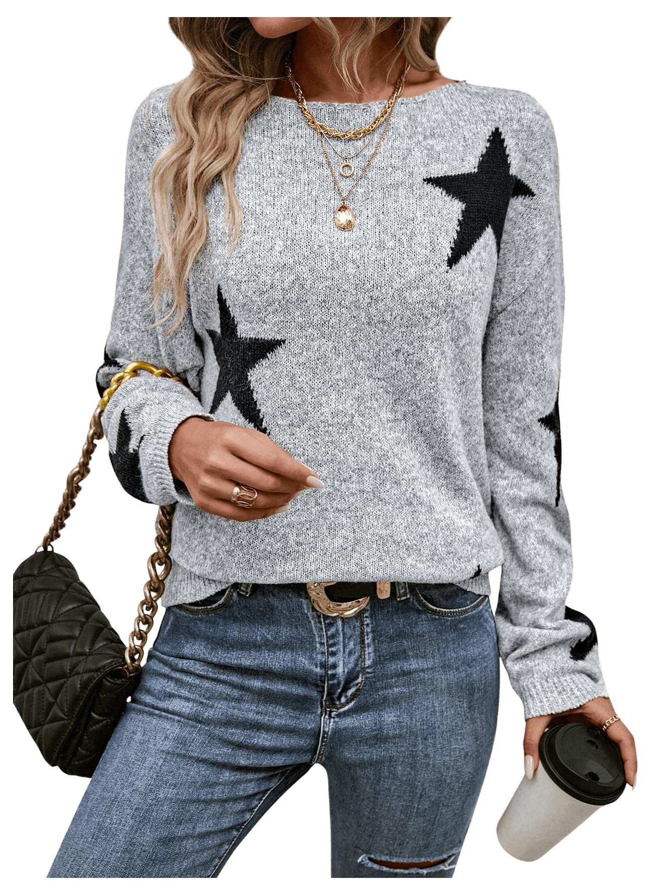 MakeMeChic Women's Star Print Boat Neck Sweater Long Sleeve Lightweight Pullover Top