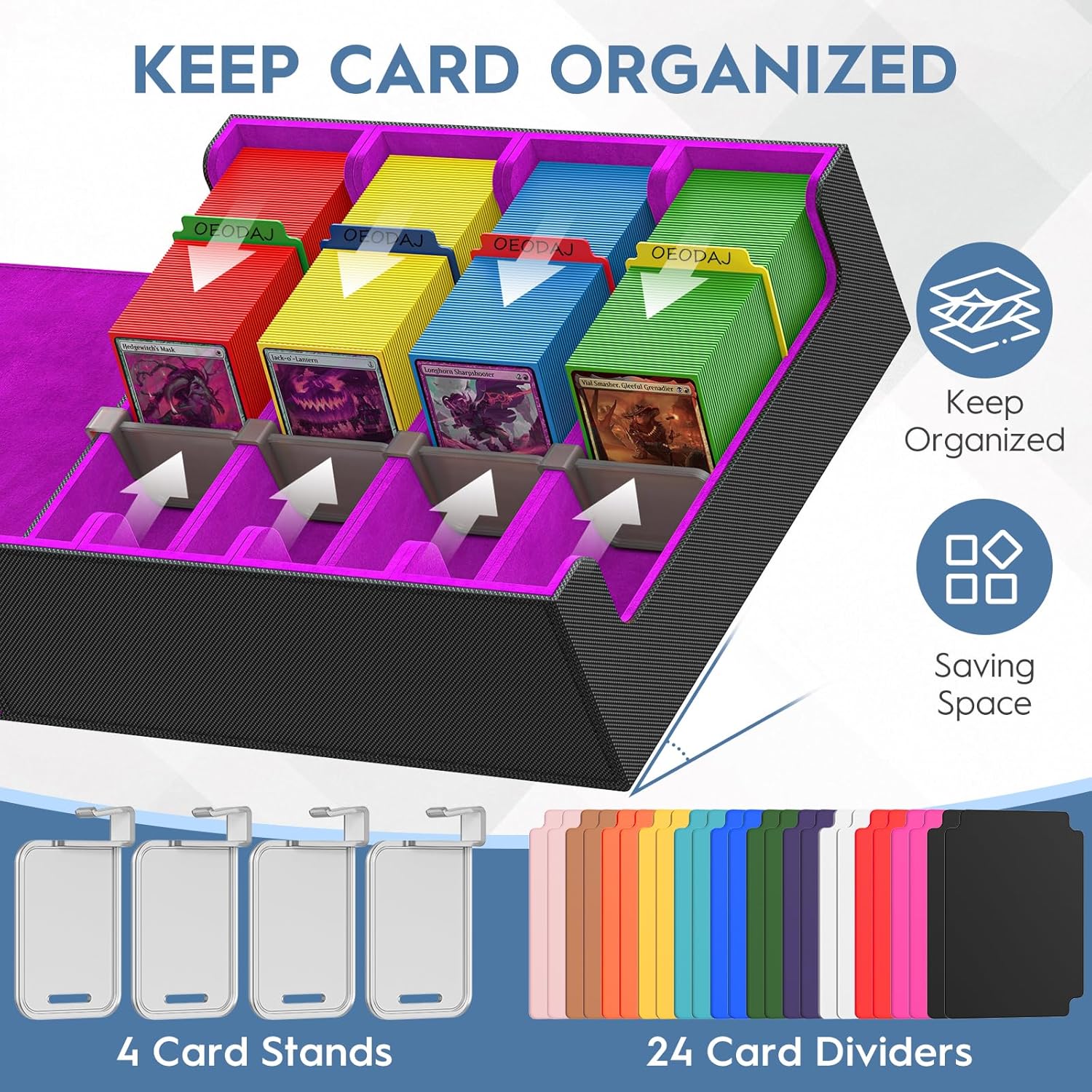 Trading Card Storage Box, 3200+ MTG Card Storage, 4 Row TCG Card Organizer Box with 24 Colorful Dividers and 4 Stands, PKM Bulk Storage, Deck Case Holder Fits for YuGiOh, Game Cards (Black Purple)