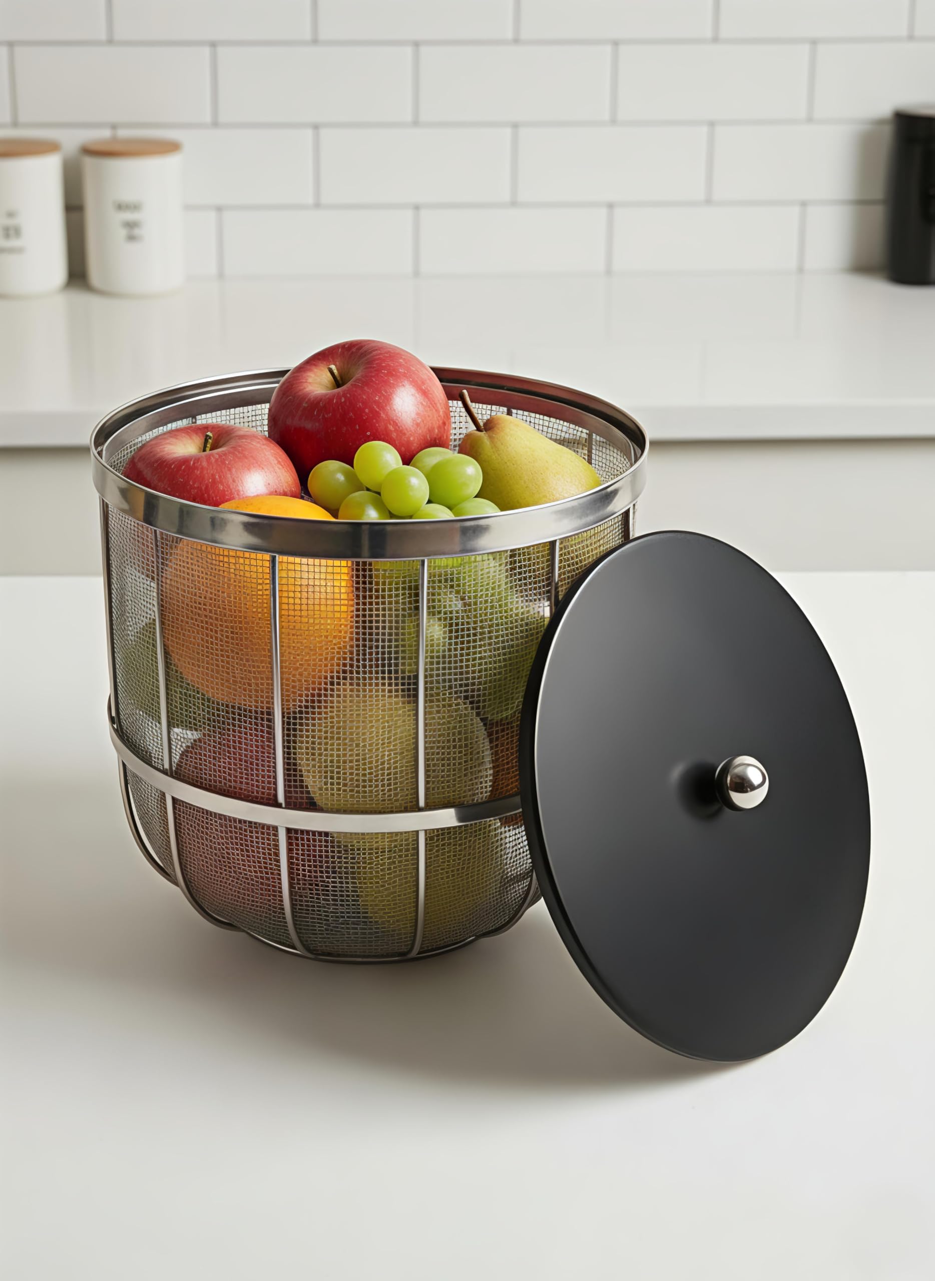 Buzzles Home Mesh Fruit Basket with Lid | Kitchen Storage Basket for Fruits & Vegetables | Modern Countertop Organizer (Silver & Black)