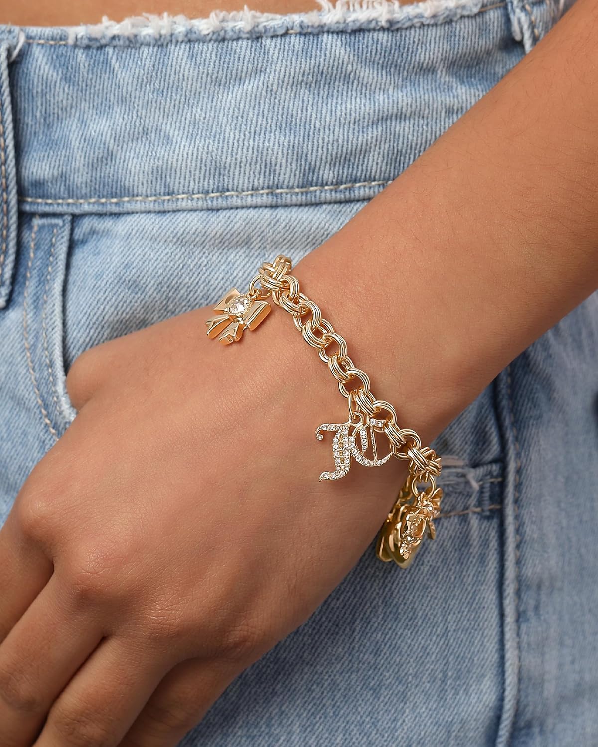 Juicy Couture Bracelet 7-7.5", Goldtone Charm Bracelets for Women with 6 Different Charms Featuring Clear Stones - Image 2