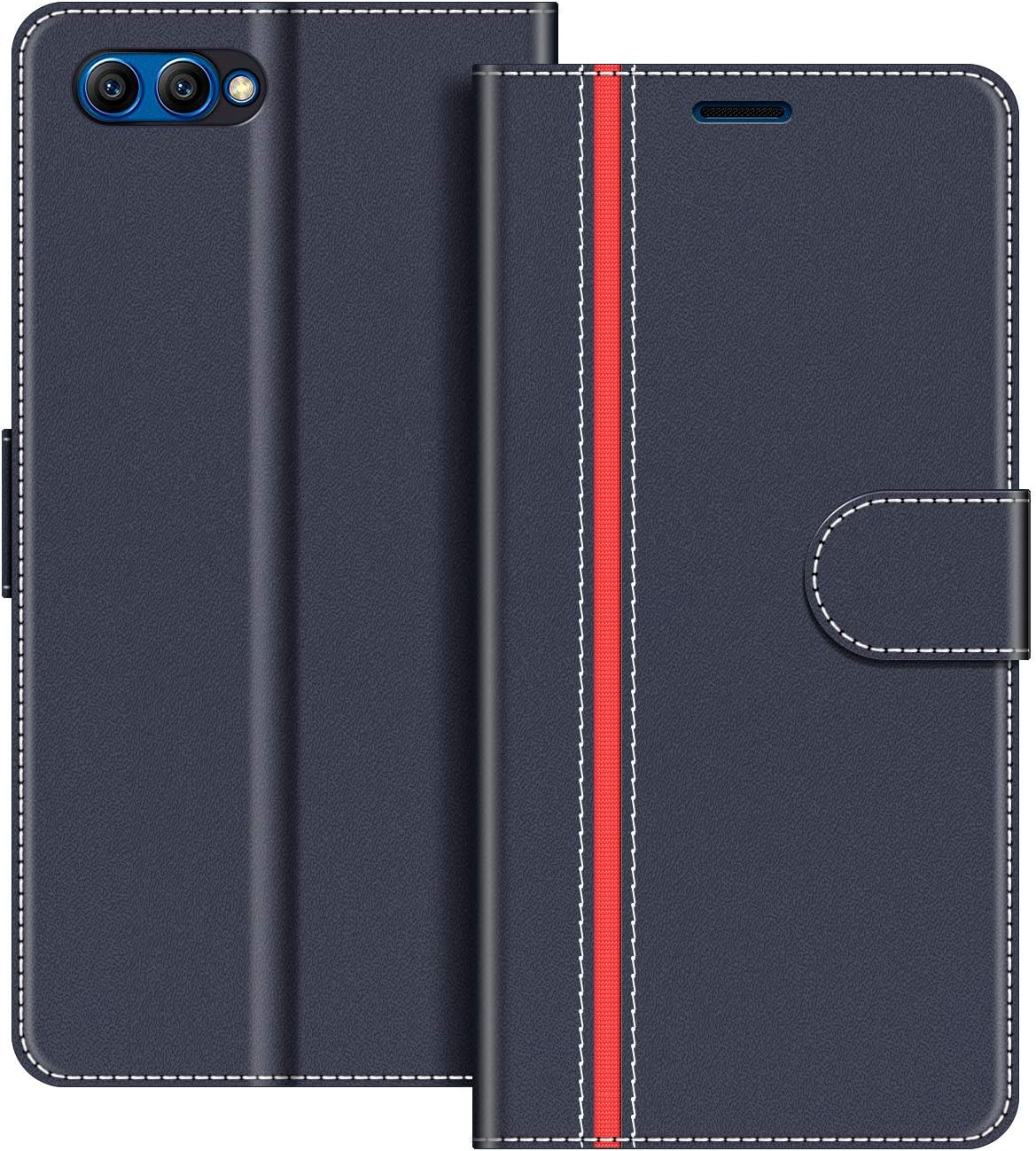COODIO Funda Honor View 10 con Tapa, Funda Movil Honor View 10, Funda Libro Honor View 10 Carcasa Magnético Funda para Honor View 10, Azul Oscuro/Rojo