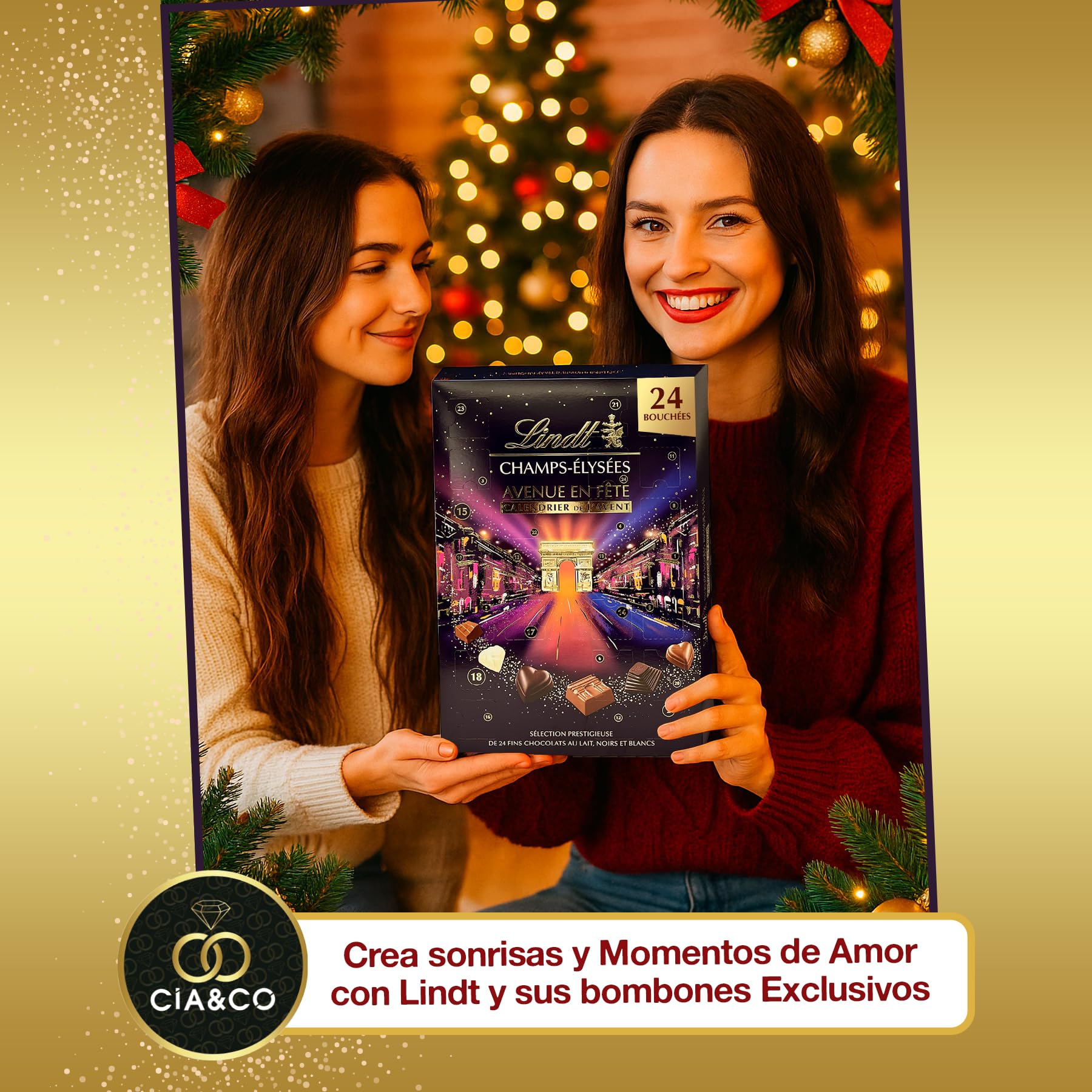 Calendario de Adviento Campos Elíseos + Tarjeta Personalizable Cia&Co con 24 Bombones Exclusivos de Chocolate Suizo · Con Leche, Negro y Blanco · Recetas Praliné, Caramelo y Fondant 250 g