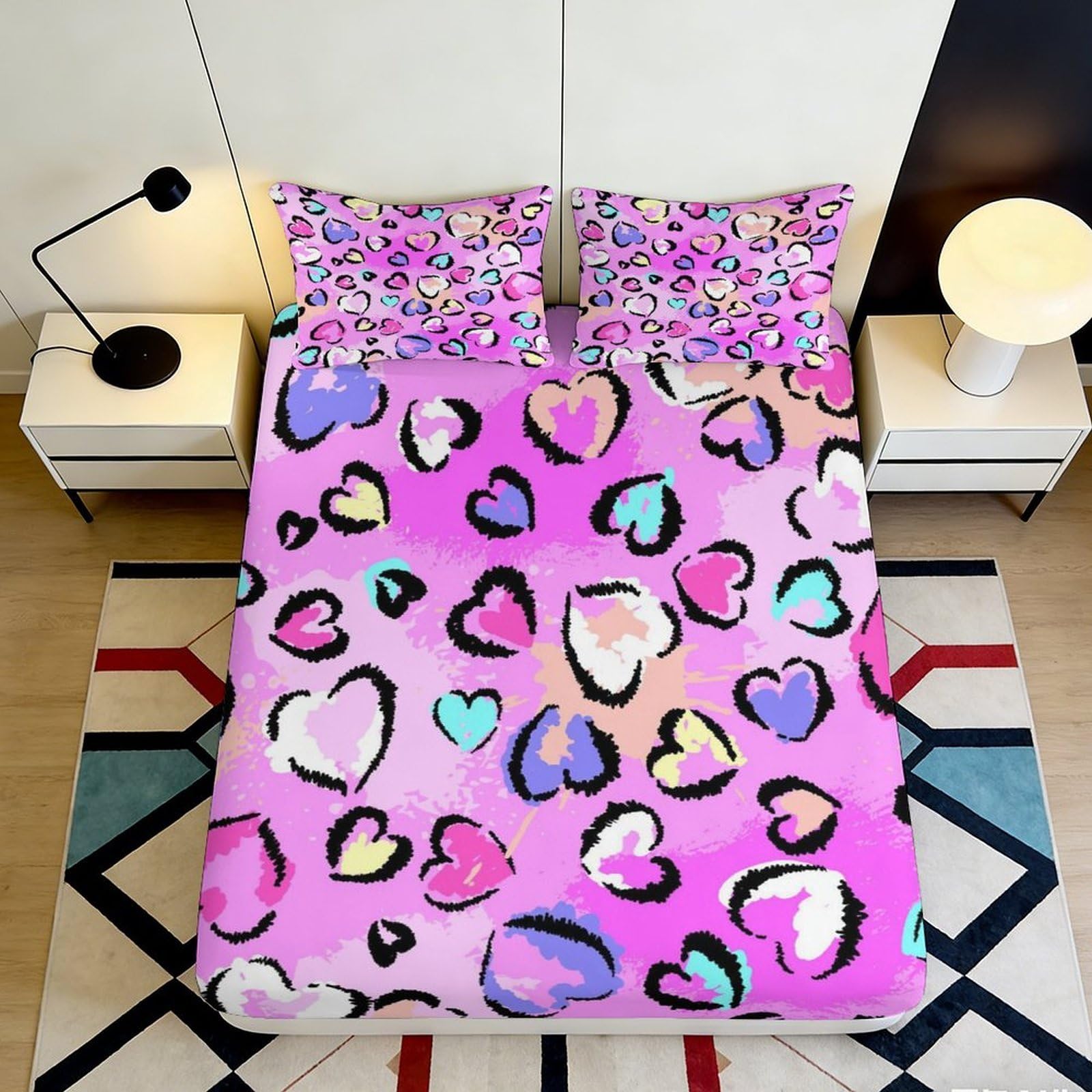 3D Printed Pink Heart Pattern Fitted Sheet Microfiber Soft Pastel Love Bed Cover for Bedroom Dorm Mattress Protection Decor 160x200x25cm