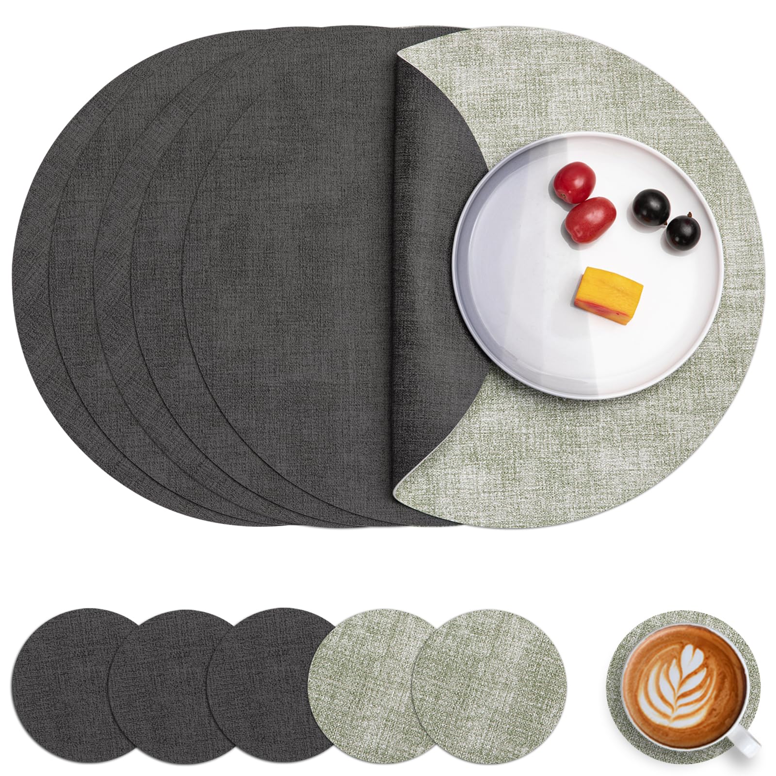 Myir JUN Round Placemats and Coasters Set of 6 Dual Sided Leather Place Mat