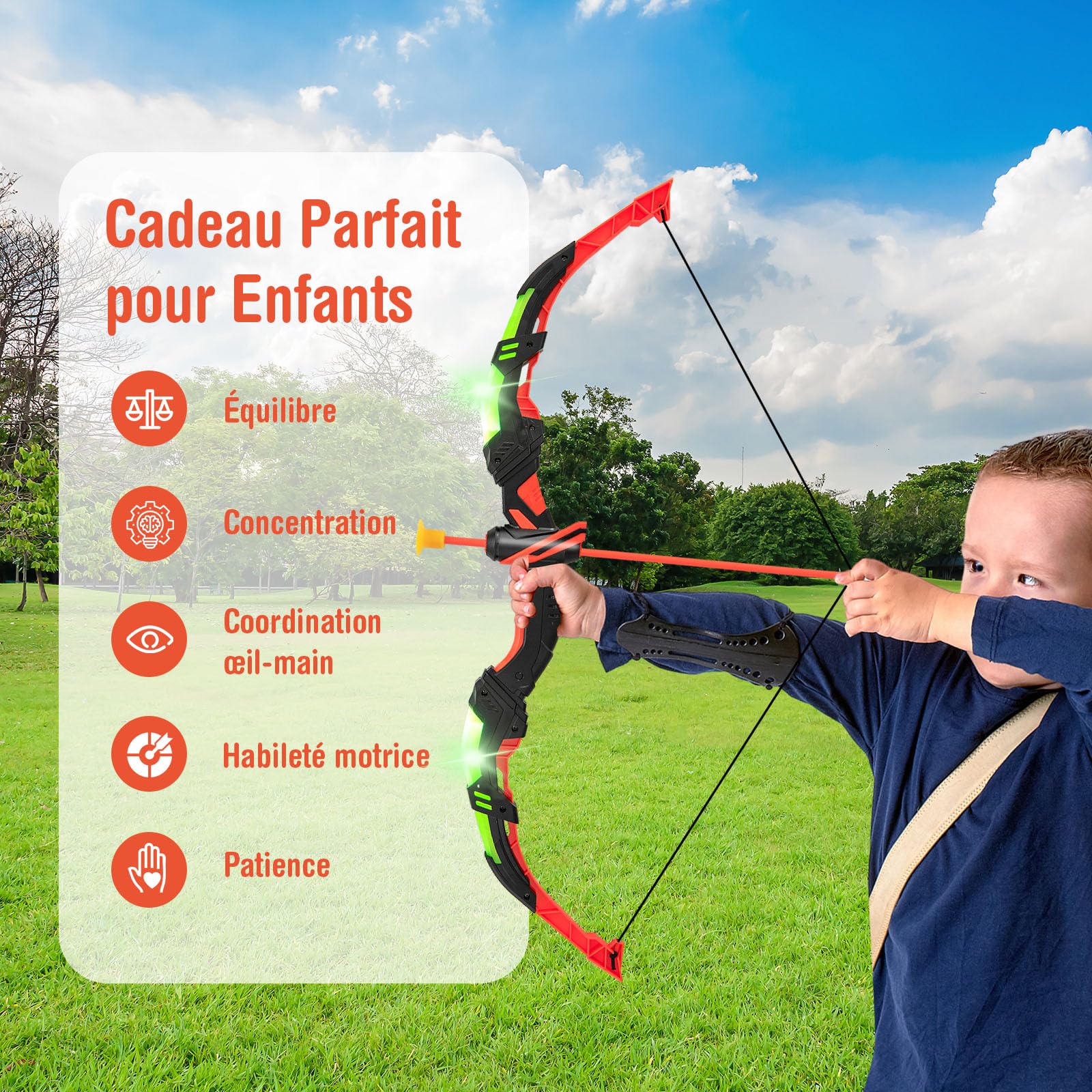 DREAMADE Arc et Flèche pour Enfant 3-12 Ans, Tir à l'arc avec l'arc LED, 20 Flèches à Ventouse, Étui à Flèches, Jouer pour Intérieur/Extérieur
