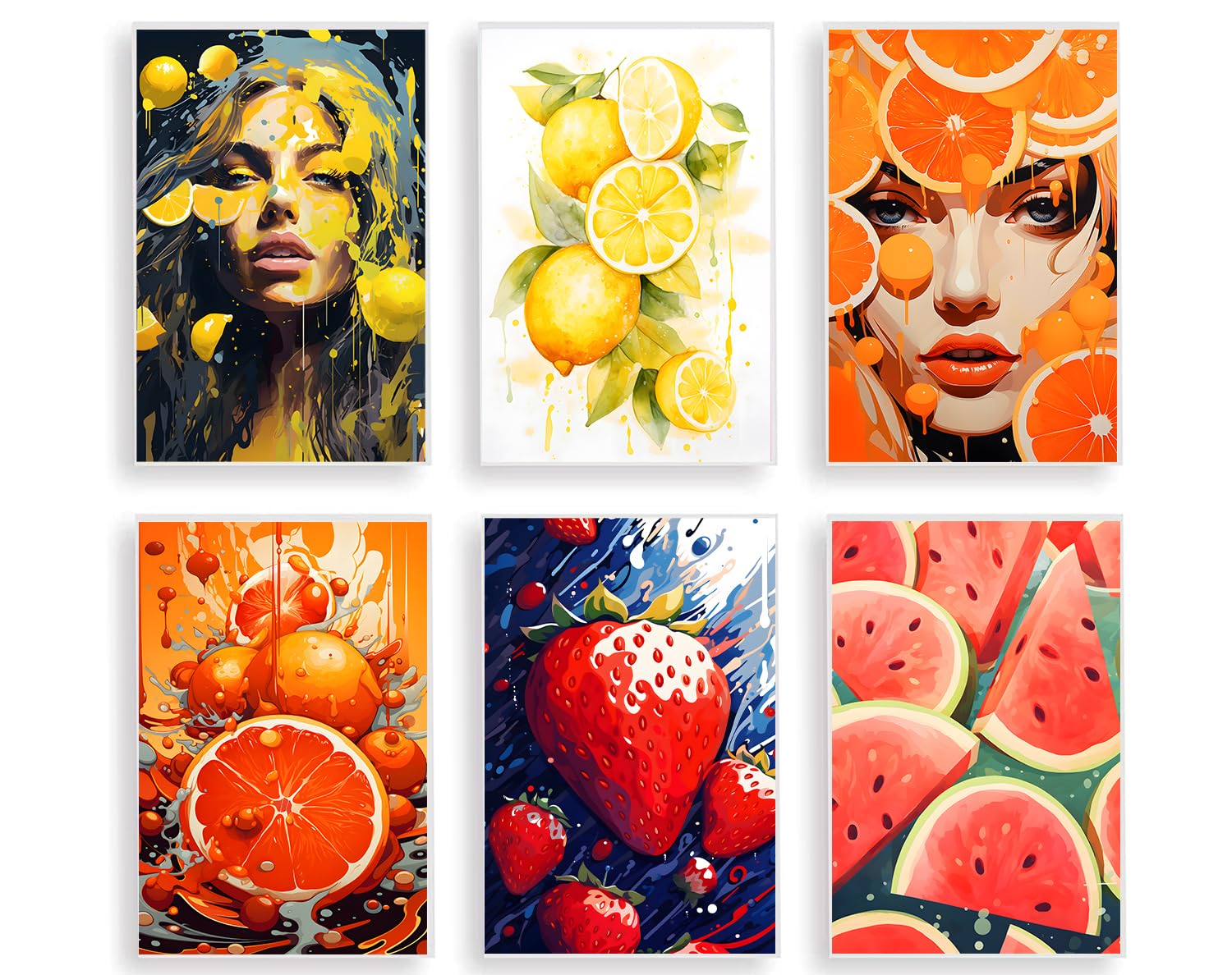 NATWEE Colorful Fruit Poster Wall Art Lemon Orange Watermelon Strawberry Fruit Prints Set of 6 Fruit Decor for Home Kitchen Bedroom Living Room Cafe Wall Decor (8" X 12", No Frame)