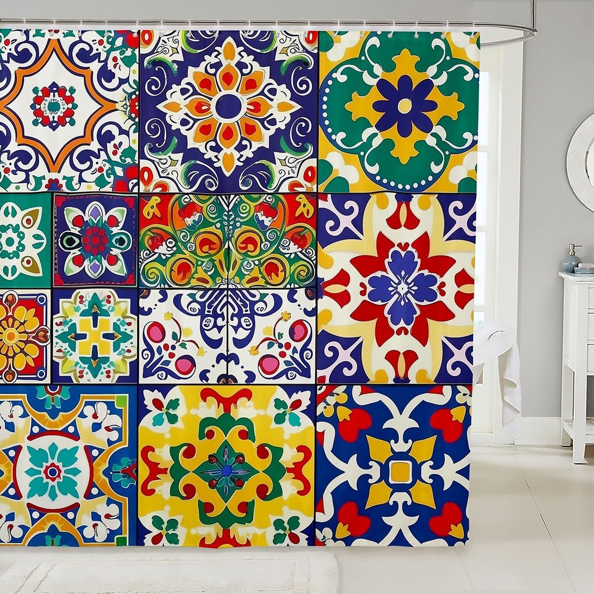 Erosebridal Colorful Mexican Style Shower Curtain Set,Retro Talavera Tile Bathroom Set for Kids Adults,Exotic Ethnic Boho Bathroom Decor Patchwork Floral Print Fabric Shower Curtain 72" Wx78 L