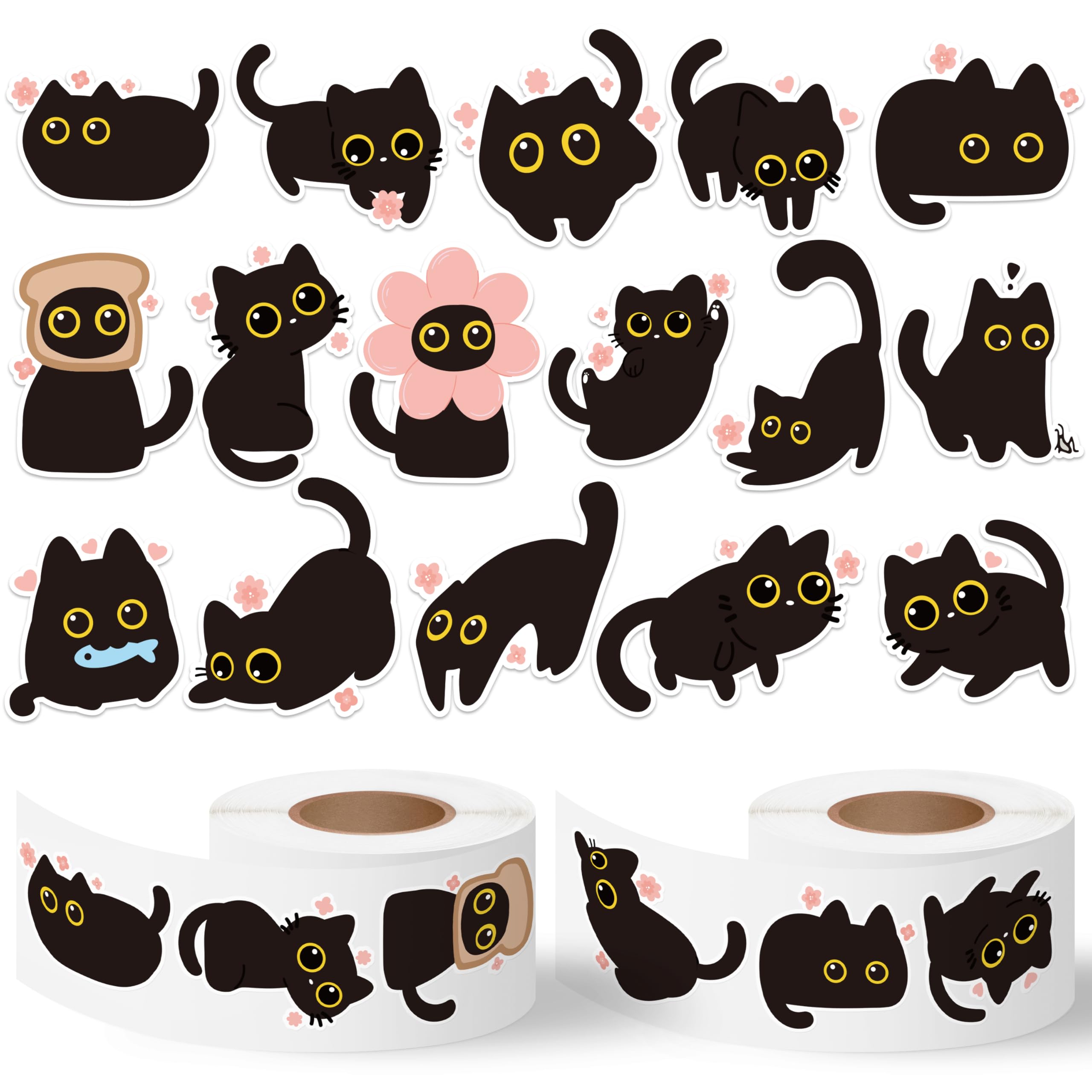 BkeeCten Black Cat Sticker Roll - 1000pcs Cute Black Cat Flower Waterproof Vinyl Reusable Laptop Stickers Coloring Book Scrapbook Water Bottle Page