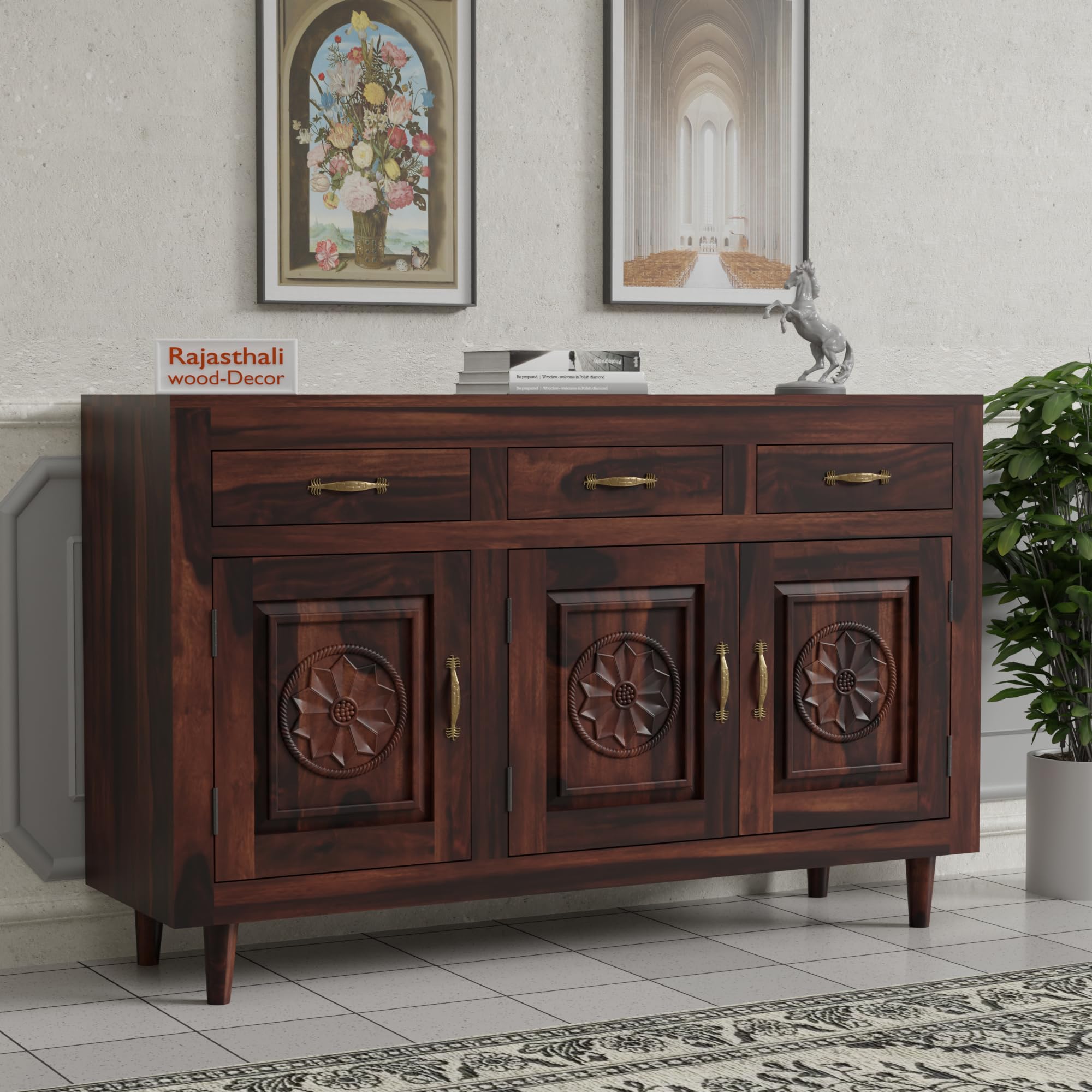 Woodcrony Wood Decor Solid Sheesham Wood Sideboard Storage Cabinet with 3 Drawer and 3 Door Storage for Living Room Home Office Kitchen, 136" W x 91" H x 40" D Centimeter (D1)-image-45