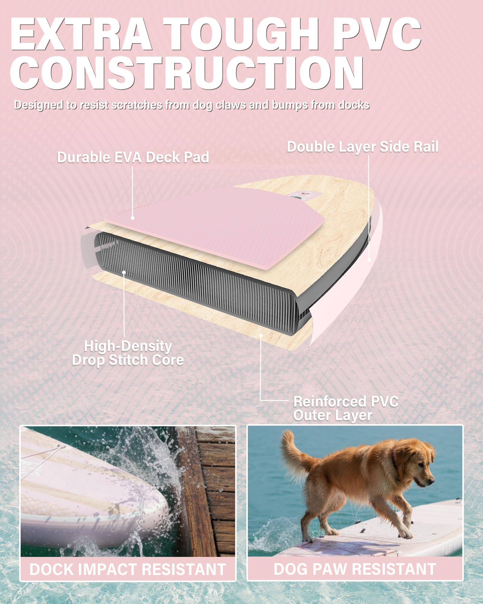 TIGERXBANG Tavola gonfiabile per stand up paddle con accessori per tavola da SUP, tavola antiscivolo in EVA, 27,9 cm/2,4 m, per adulti e ragazzi, tutti i livelli di abilità, rosa