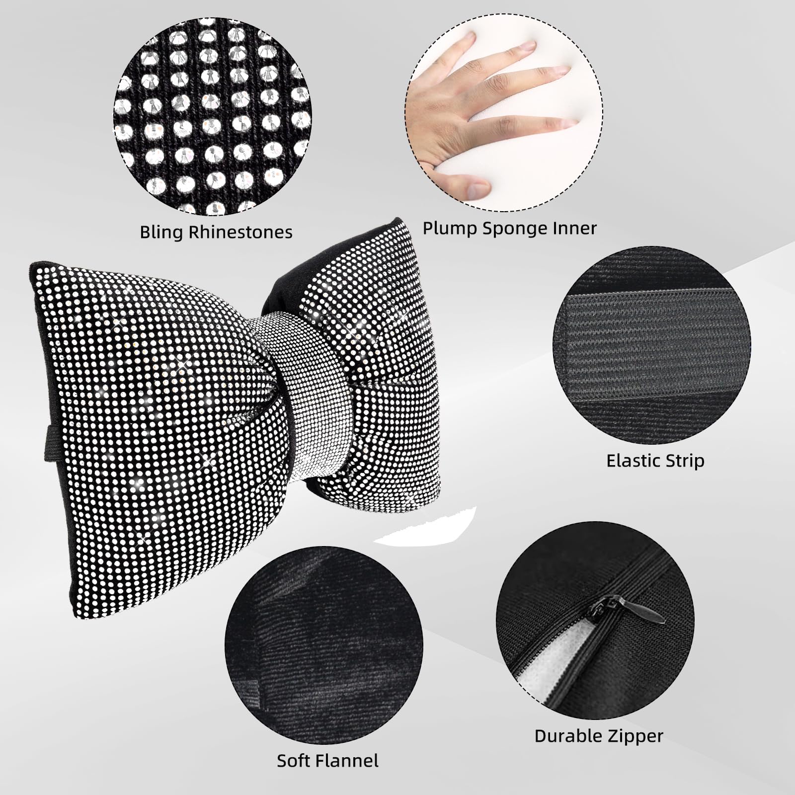 2 PCS Bling Car Pillows Rhinestones Bowknot Bling Car Headrest Pillow Car Neck Pillow for Driver Cool Relax — view 4