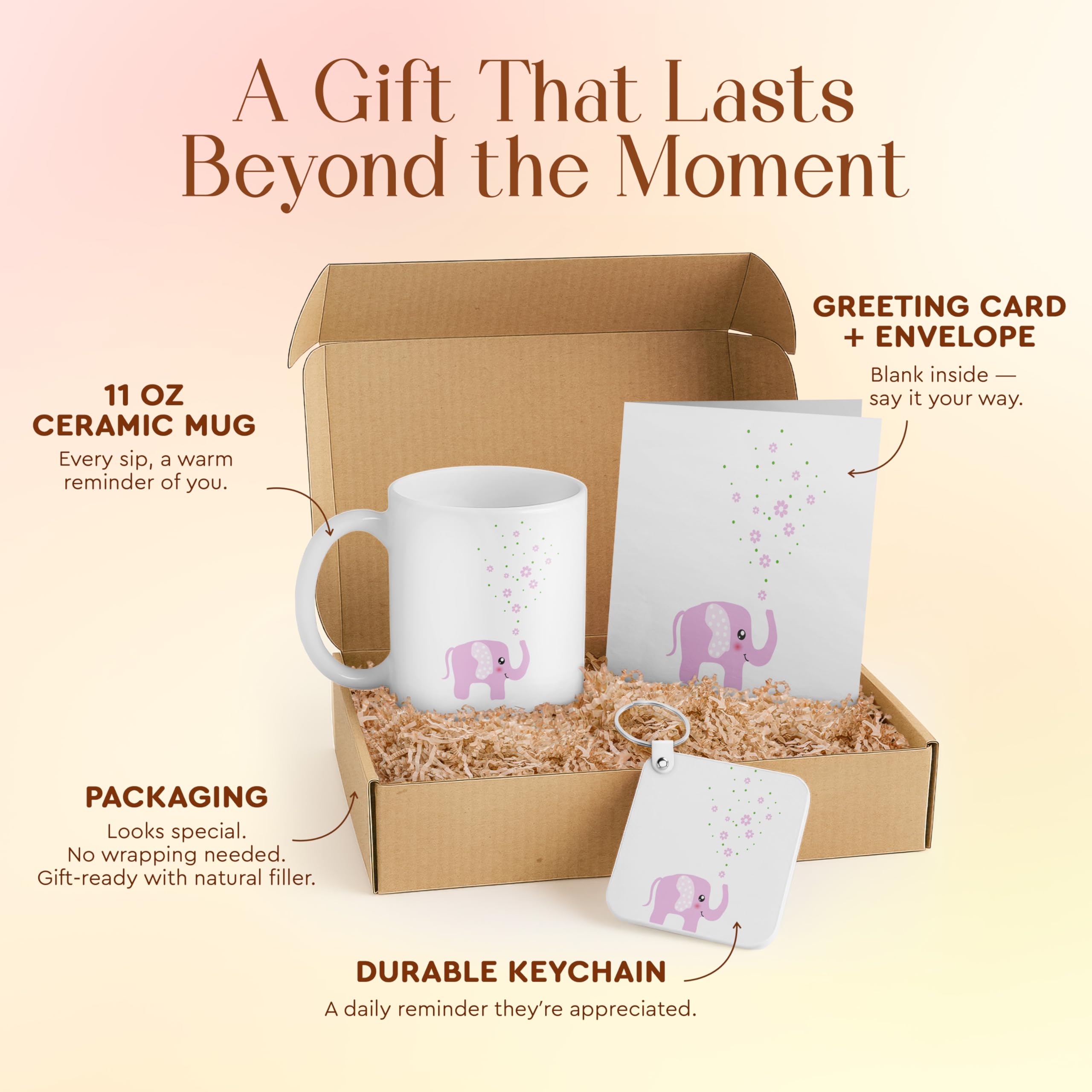 3dRose Cute Baby Girl Nursery Gift Set – Pink Elephant Mug, Card, and Keychain – Perfect for Baby Showers and Nursery Decor