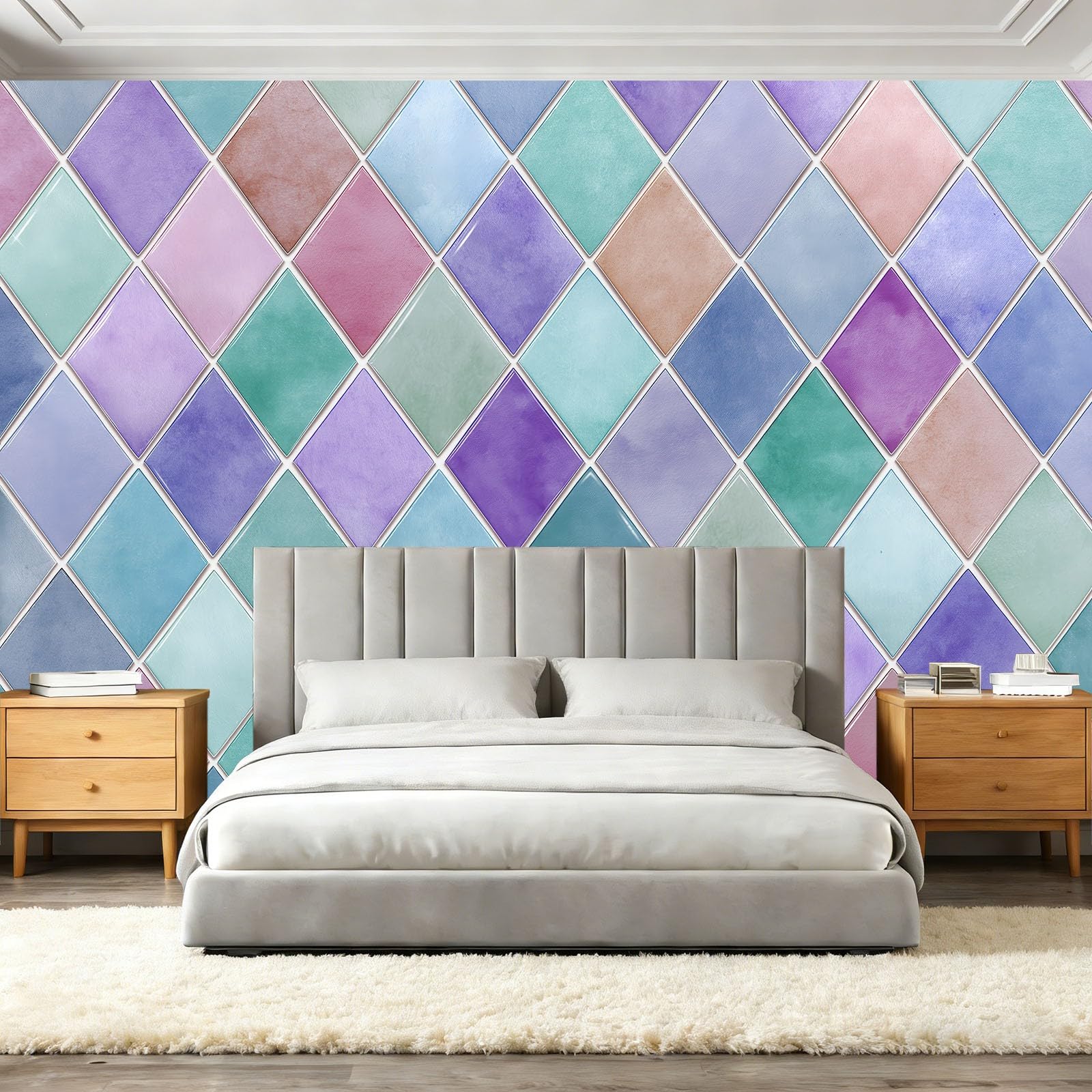 Tapeta z motywem 250 x 175 cm, geometryczna romb, patchwork, tapeta z motywem do pokoju dziecięcego i kącika do majsterkowania, kolor