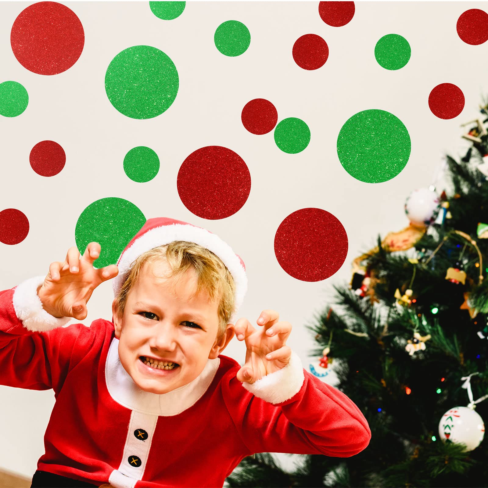 120 Pcs Christmas Wall Decals Lime Green Red Vinyl Wall Stickers Glitter Polka Dots Wall Stickers for Kids Girls Home Living Room Bathroom Art Decor