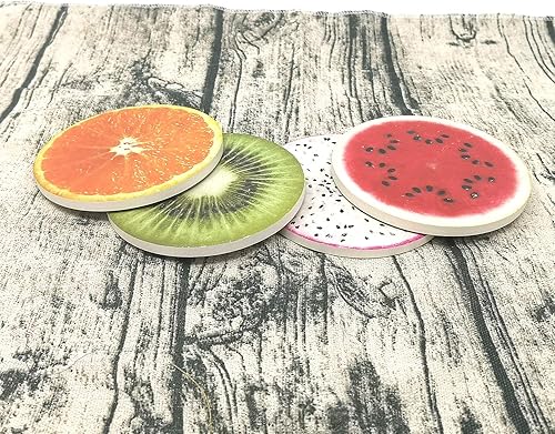 Miniatura 7 de Posavasos para bebidas, 4 piezas, divertido juego de cerámica absorbente de piedra, kiwi fresco, fruta del dragón, sandía, naranja, posavasos para