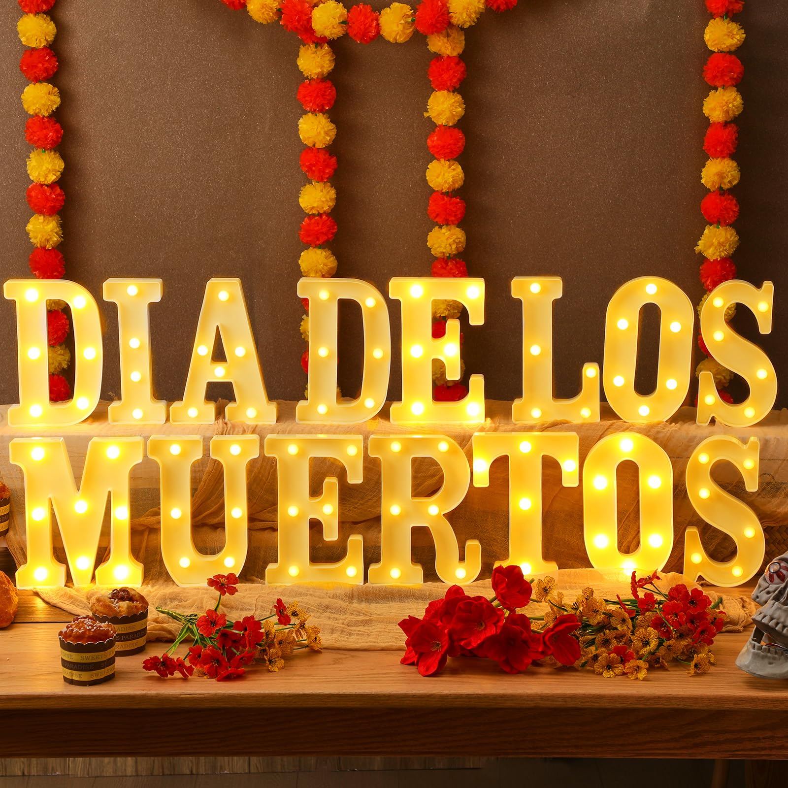 Aurelema 15 Pcs Day of the Dead Decorations, LED Letter Lights Signs