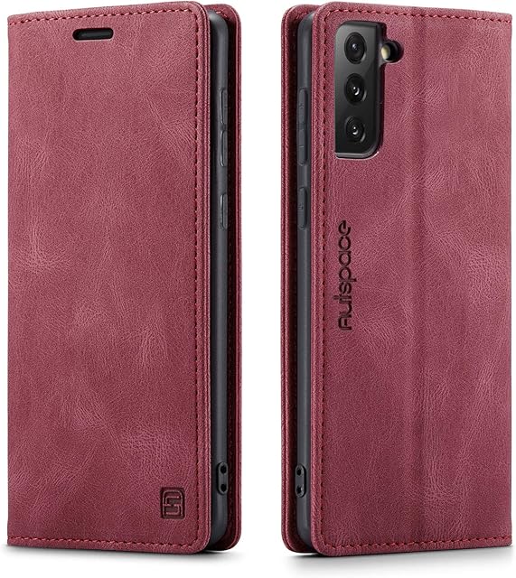 LOLFZ Wallet Case for Samsung Galaxy S21 FE 5G, Magnetic Flip Leather Case with RFID Block Card Slots Kickstand Shockproof Protective Cover Compatible with Galaxy S21 FE 5G - Red