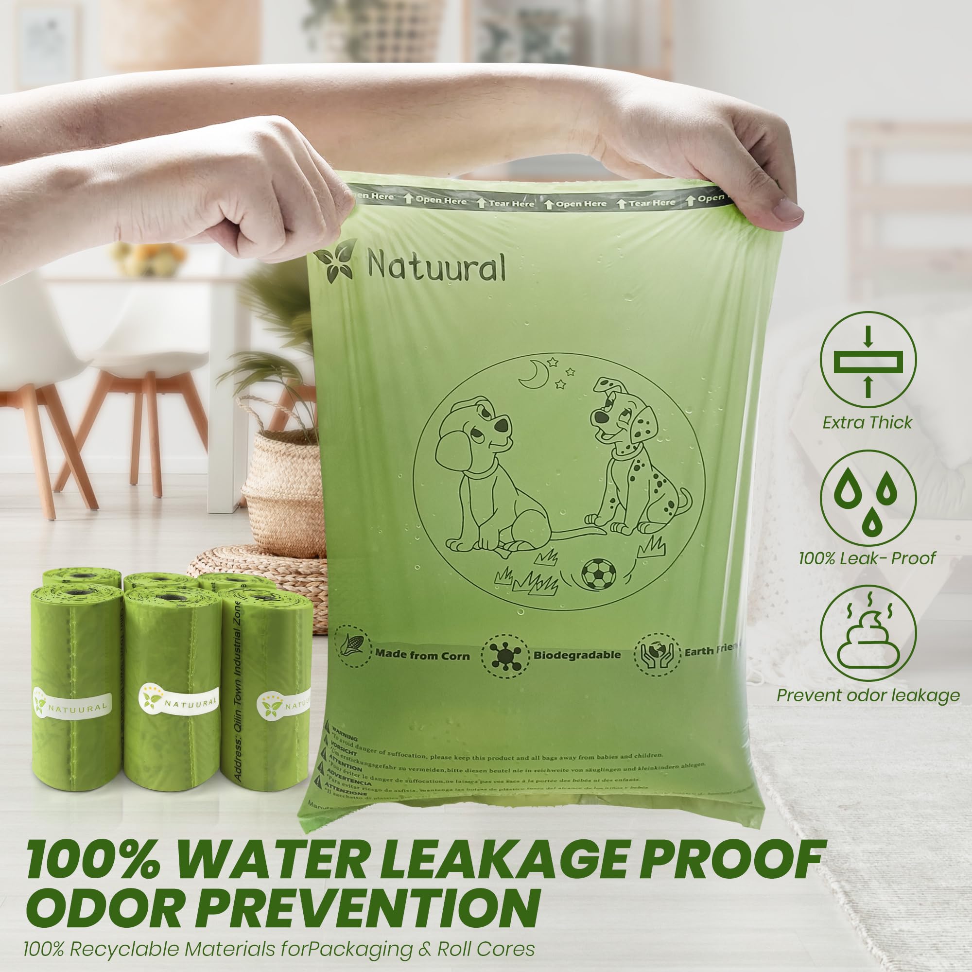 Bolsas biodegradables para excrementos, 1050 unidades, 70 rollos con dispensadores gratuitos, bolsas para excrementos de perros hechas de almidón de maíz, fuertes y 100% a prueba de fugas (verde)