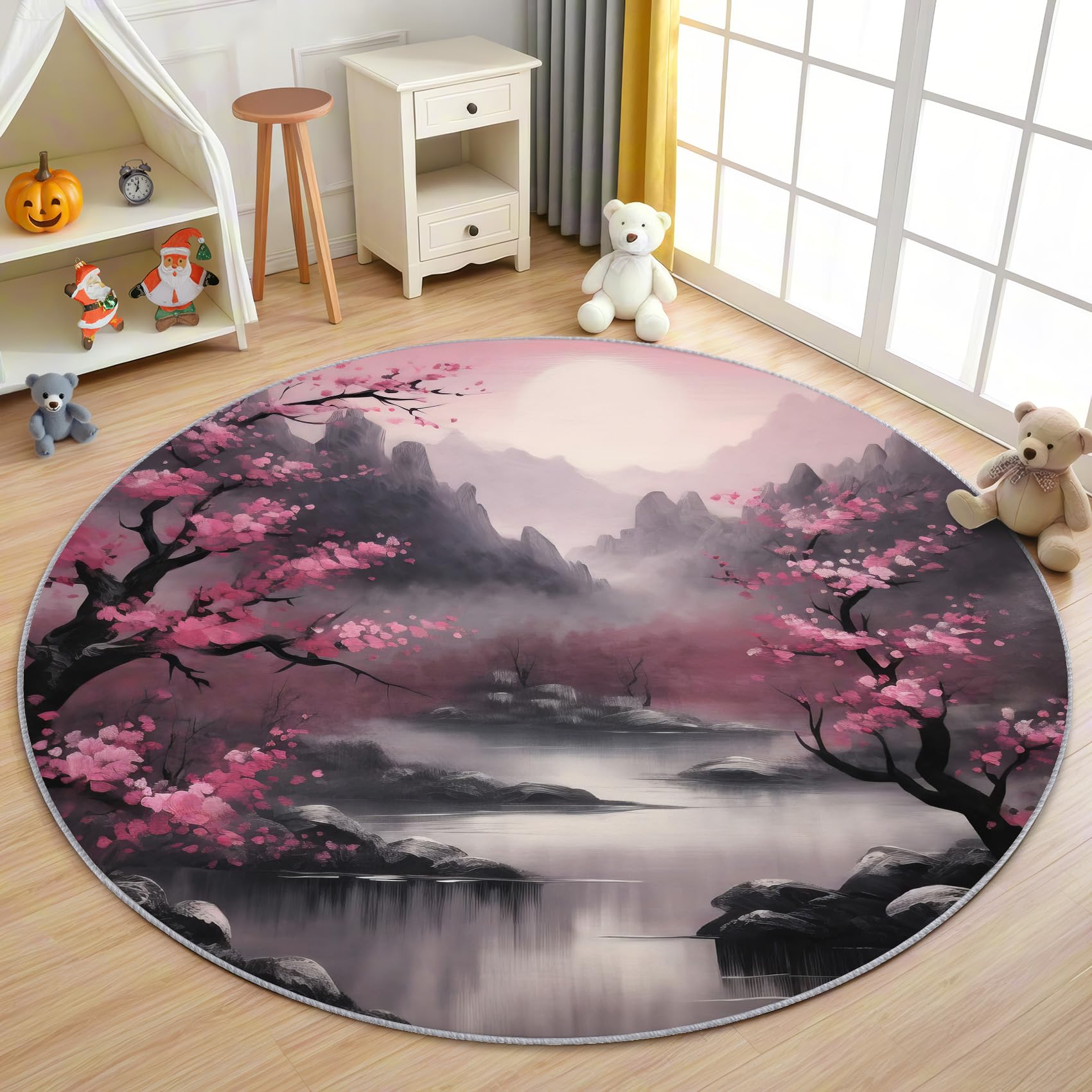 Japanische Kirschblüte Teppich Rund 120cm Kurzflor - Waschbare Teppiche Wohnzimmer Asiatische - Runder Teppich 120 Durchmesser Kinderzimmer - Bettvorleger Schlafzimmer rutschfest Weich