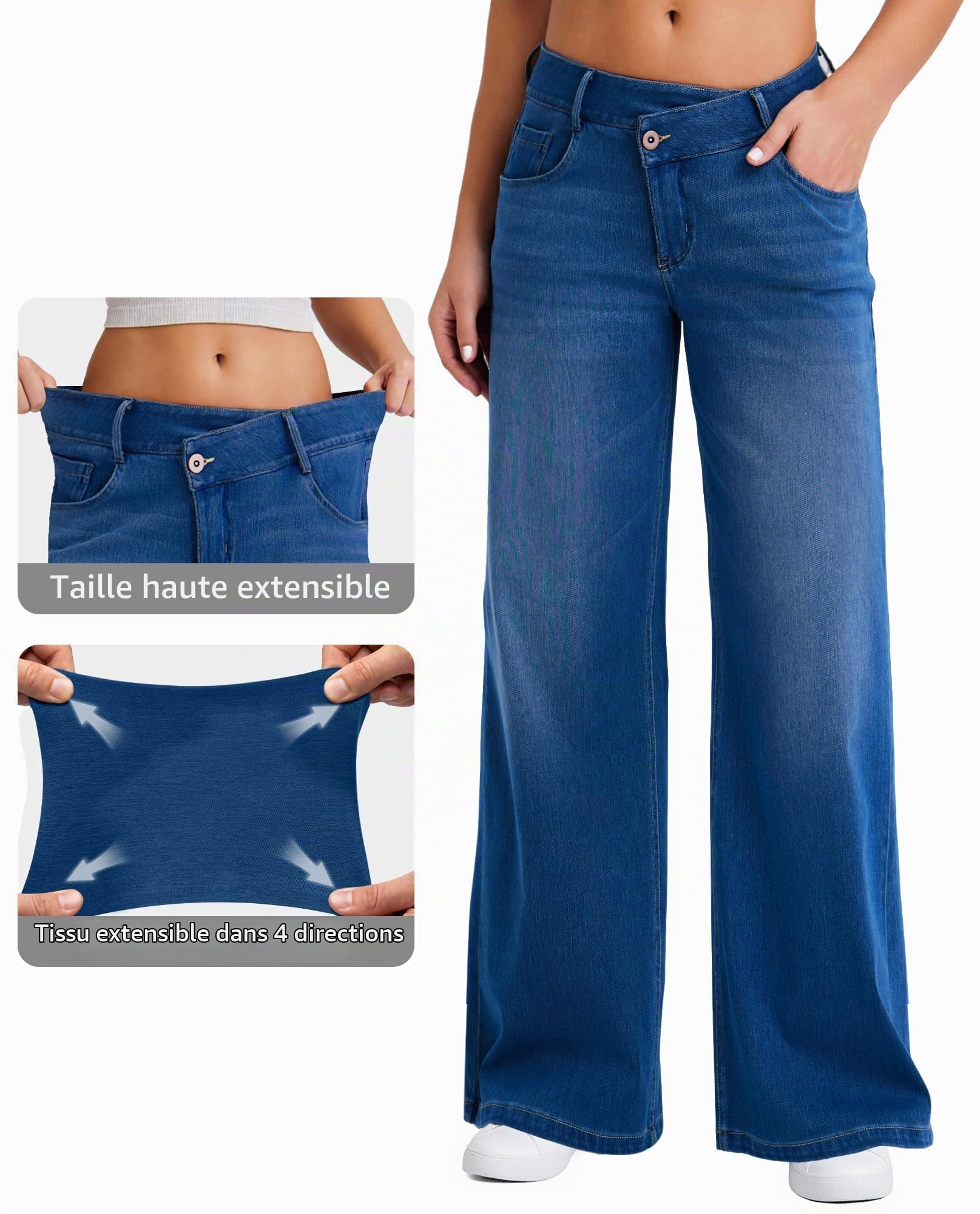 LaiEr Jeans à Jambe Large pour Femmes,Design Unique de Taille à Fermeture éclair,Coupe Droite,Coupe Ample,Pantalon en Denim à Haute élasticité adapté pour des Occasions décontractées.