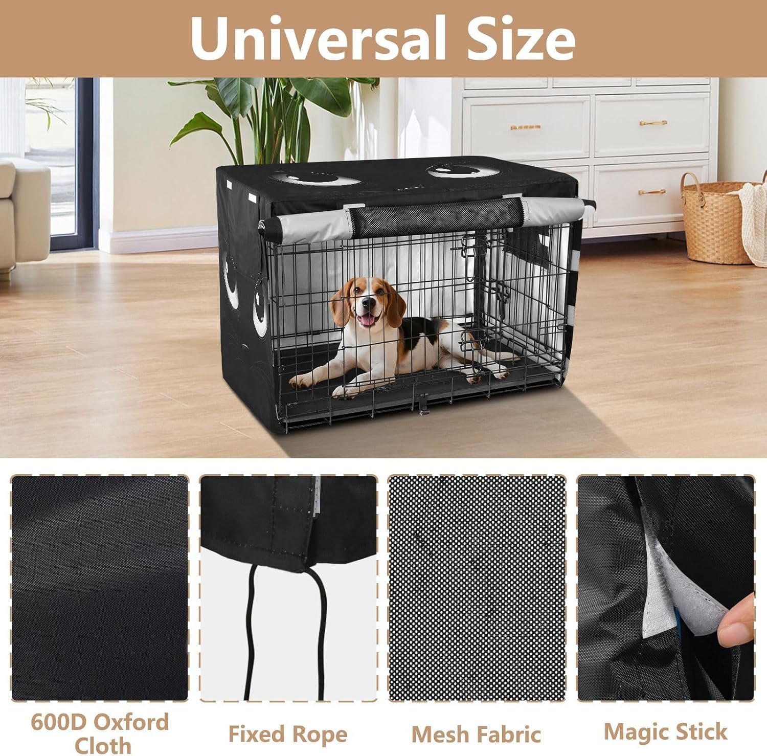 Funny Eyes Dog Crate Covers S-XL Windproof Pet Kennel Cover with Mesh Windows, Reduces Barking, X-Large