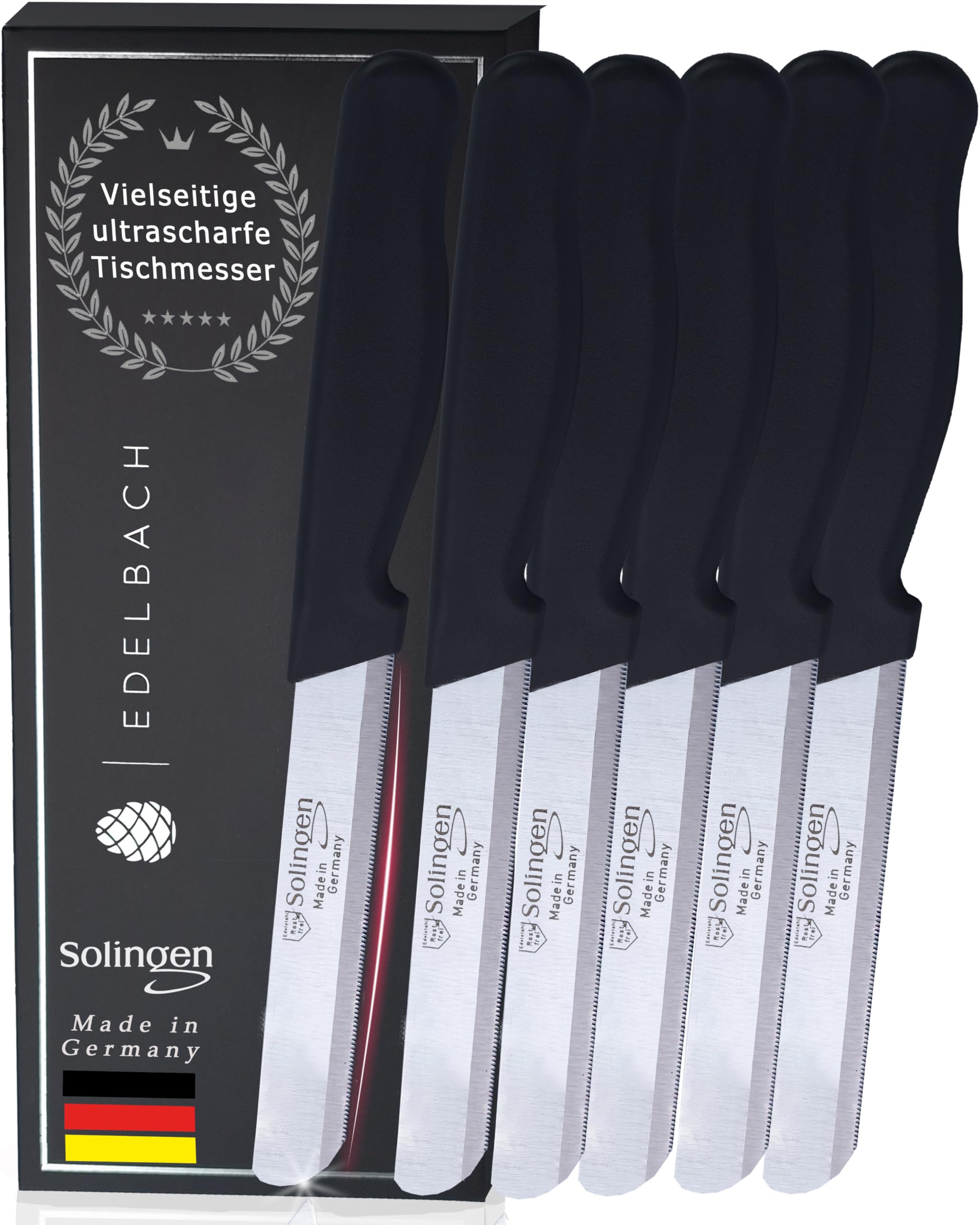 Edelbach Solingen Küchenmesser Set | Frühstücksmesser m. Feinschliff | Ultrascharf Messerset Made in Germany | Tafelmesser, Buttermesser, Brötchenmesser, Brotmesser, Messer Set (6x Schwarz)