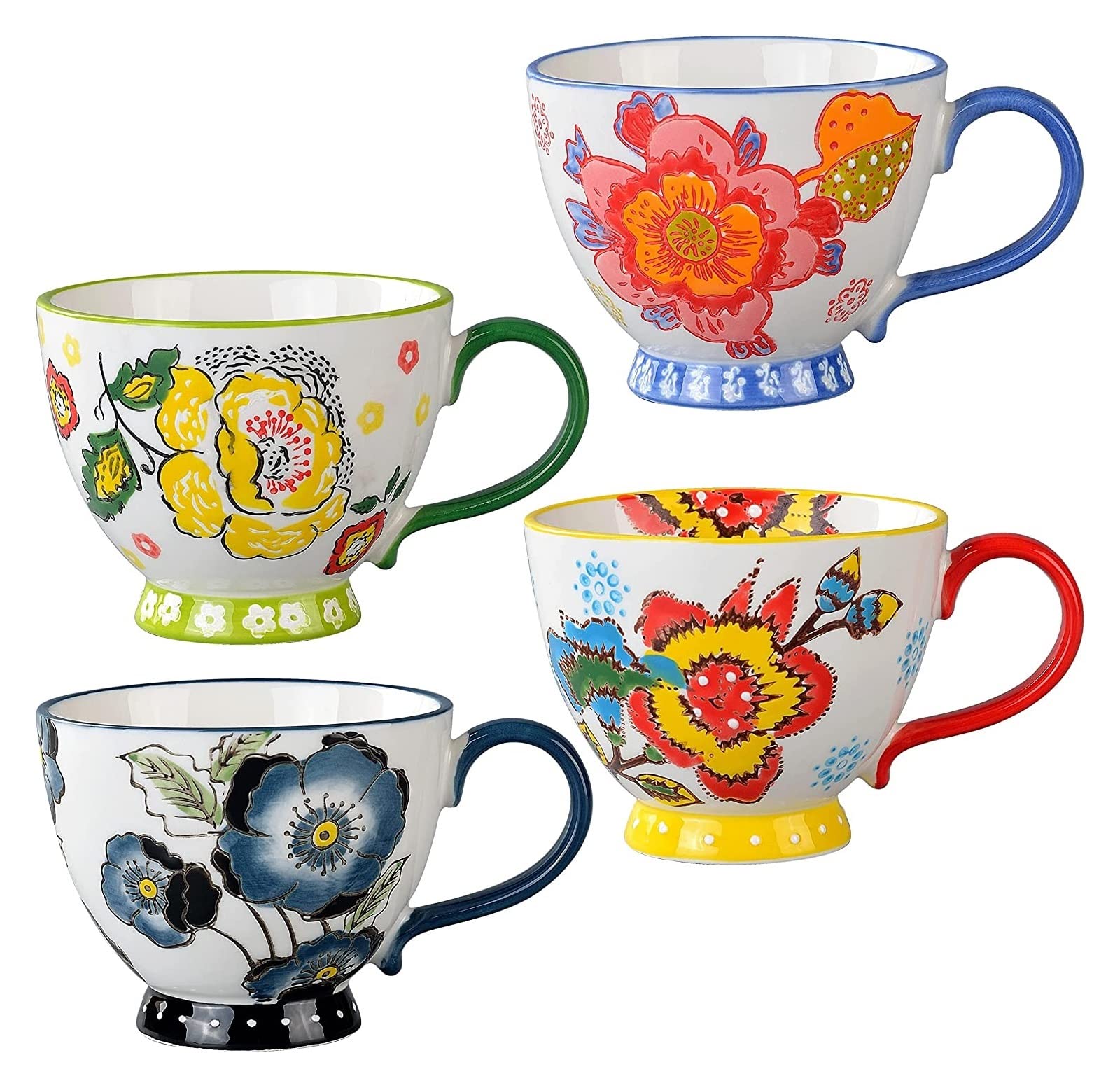 Filiżanka Kawy Ręcznie Kwiatowy Ceramiczny Kubek Do Kawy Zestaw 4 Kubków Latte do Herbaty Cappuccino, Kakao, Mleko i Woda Biały Matowy Szkliwiony Kubek z Uchwytem (Kolor: Pączek Kwiatu 4 Sztuk